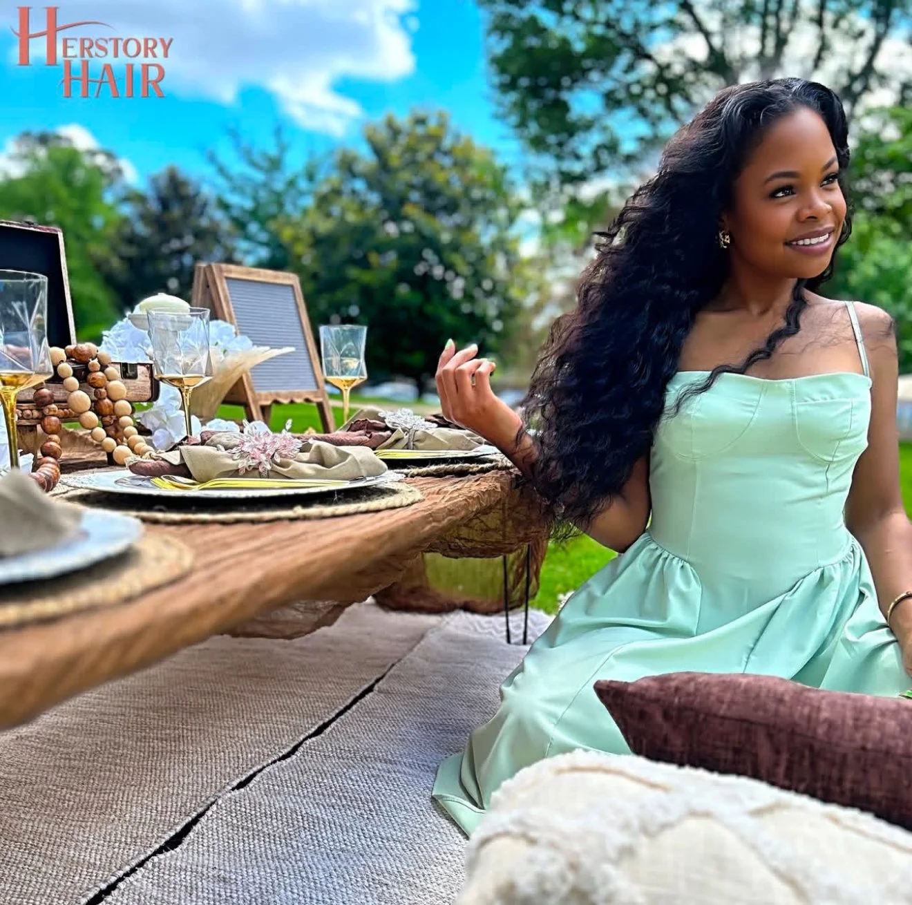 A woman in a light green dress sitting outdoors at a decorated wooden table with plates, glasses, and napkins, smiling and looking to the side, with trees and a partly cloudy sky in the background.