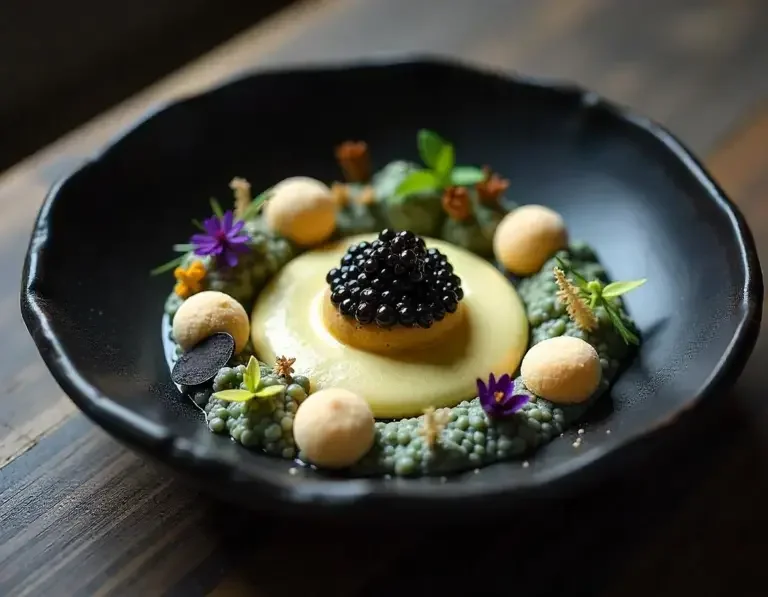 A black bowl with a decorative dish featuring a creamy base topped with black caviar, surrounded by garnishes including small round cookies, colorful edible flowers, leaves, and tiny herbs, on a wooden surface.
