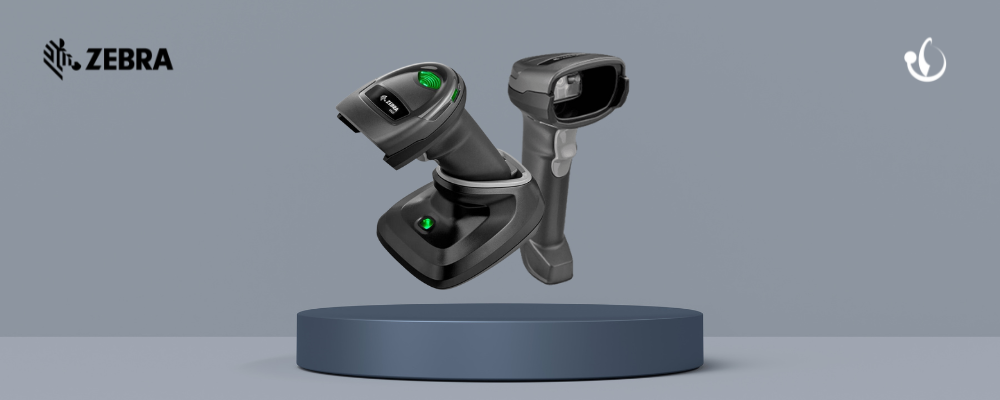 Escáner de mano y lector de códigos de barras de Zebra en una base de exhibición