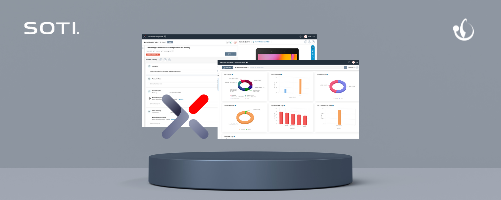 Pantalla de computadora con gráficos y análisis de datos en el fondo, con logotipo de SOTI y un icono de interfaz de usuario en la esquina superior derecha.