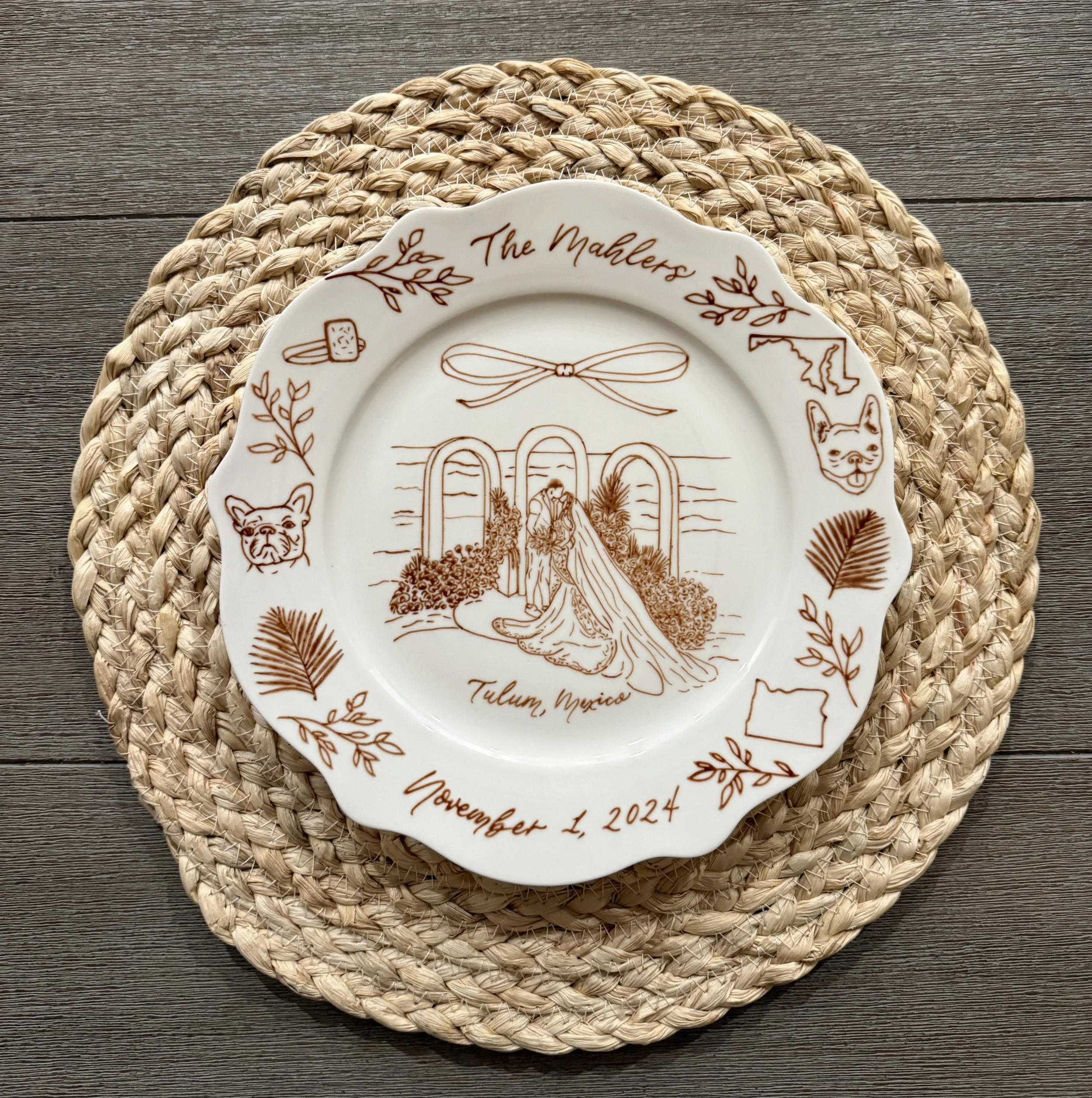 Custom Hand Drawn Wedding Couple Portrait Keepsake Ceramic Plate