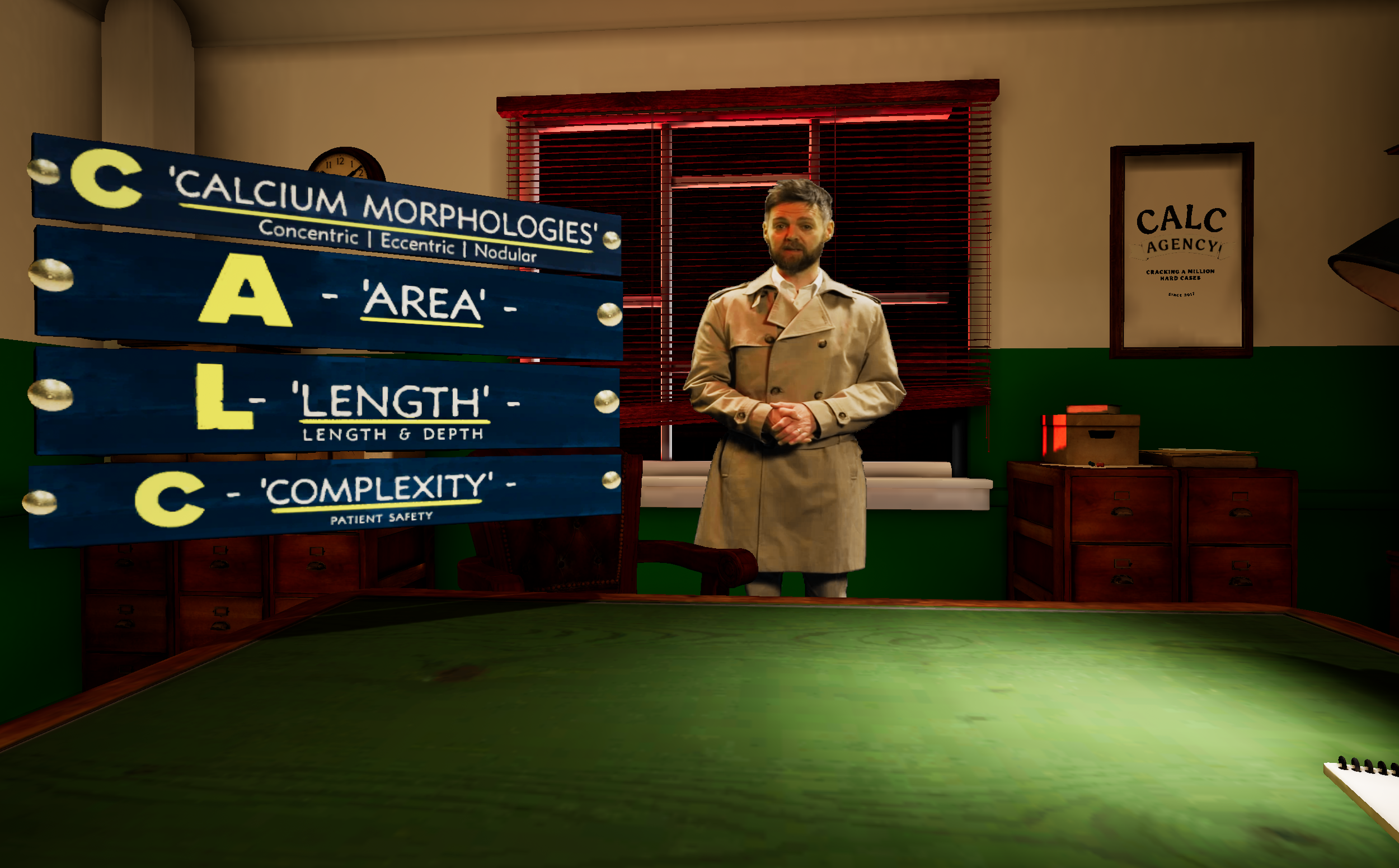 A man with a beard and a trench coat standing in a room with wooden furniture, a window with red blinds, and a signboard about calcium morphologies.