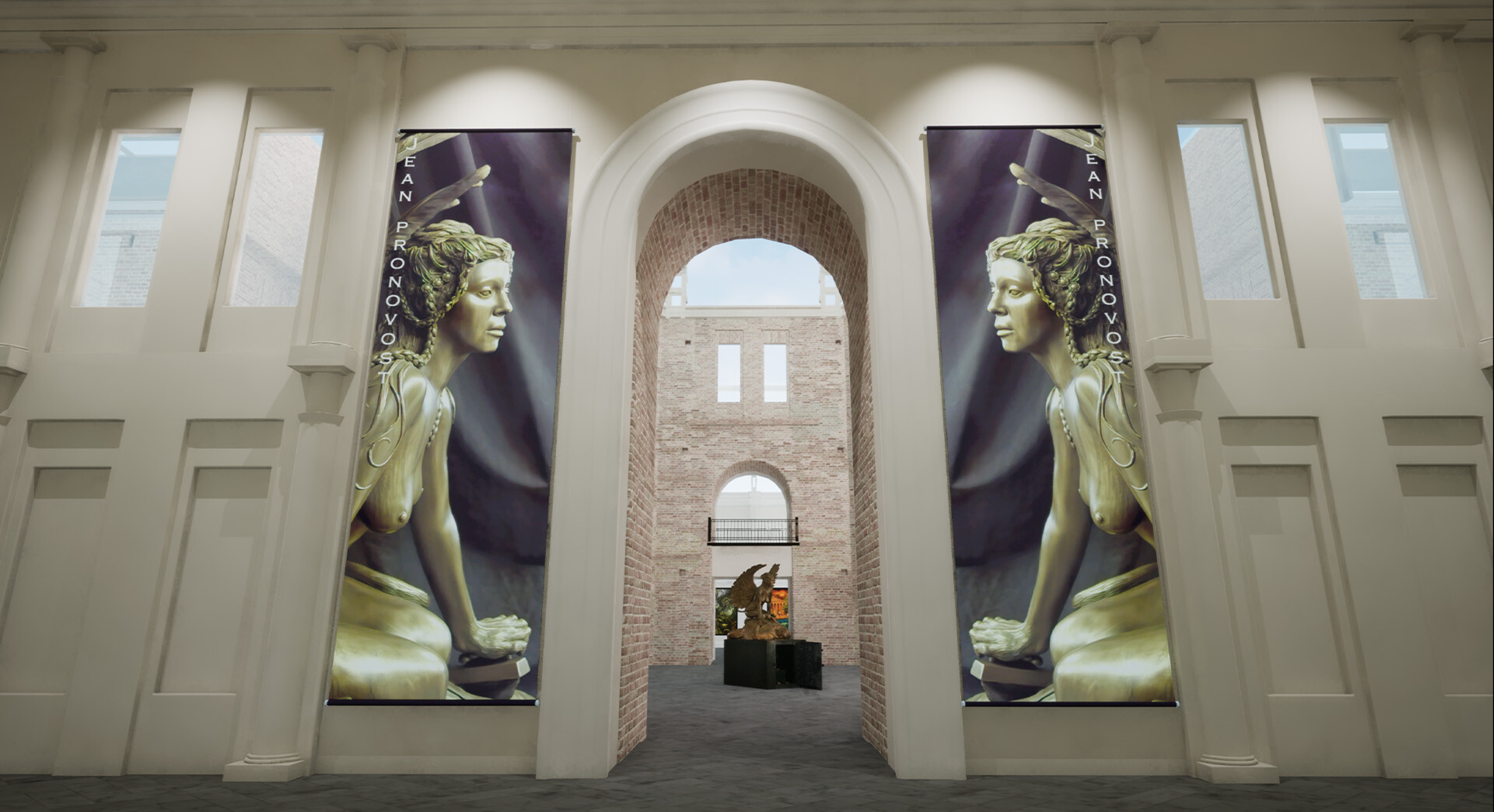 Interior of a museum or gallery with large banners of a golden sculpture of a seated woman with long hair and beaded necklace on either side of an archway. Behind the archway is a brick wall with windows and a smaller sculpture on a pedestal.