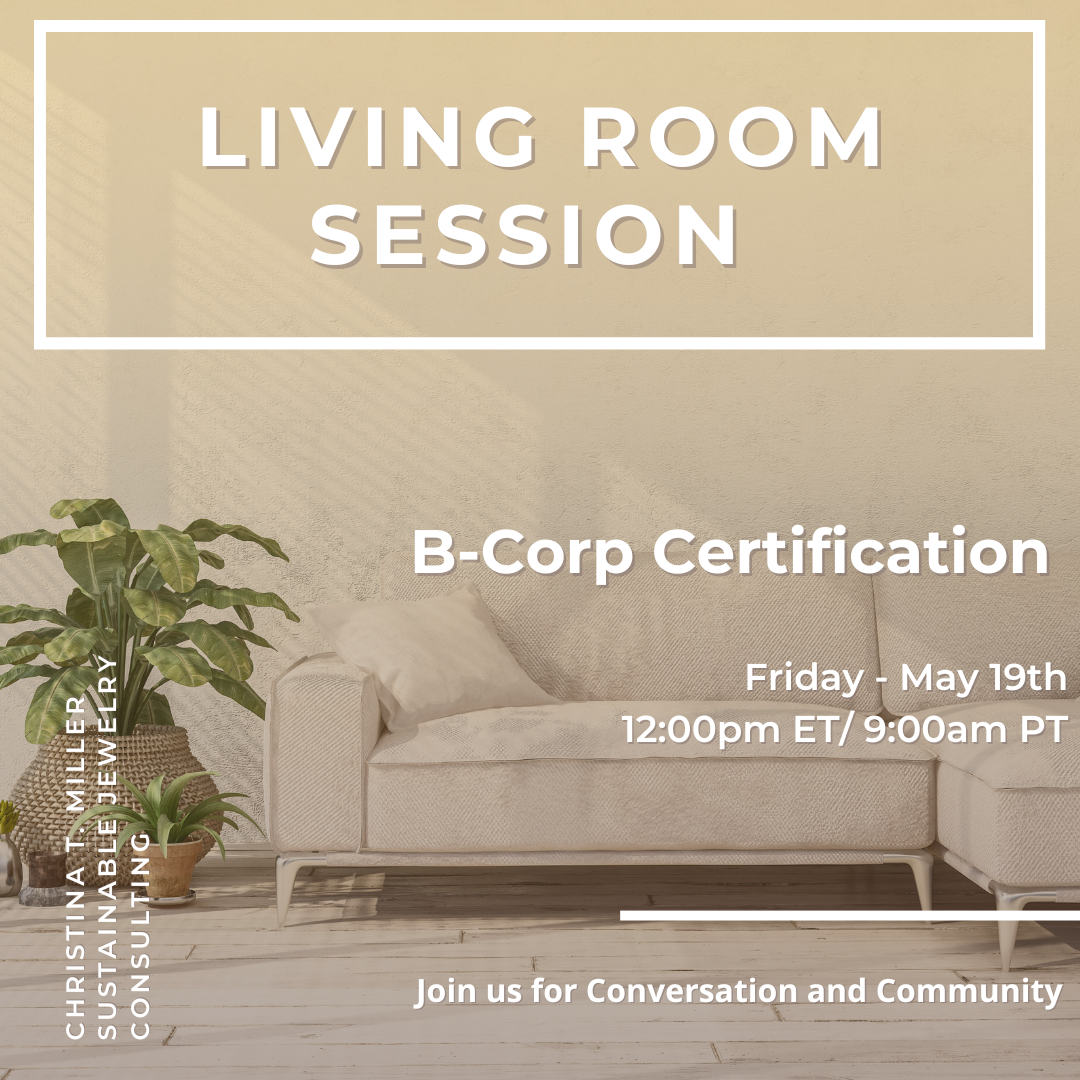 A minimalist white-washed room with bare wooden floors and walls, a cream sofa and a potted plant to its left, with white sans serif font offering the details of the ethical jewellery event, Living Room Session