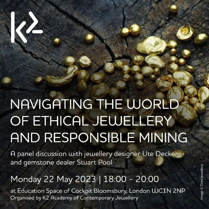 A scattering of small gold nuggets against a dark wooden background with white sans serif font over the top, offering the details of the ethical jewellery panel discussion event, Navigating the World of Ethical Jewellery and Responsible Mining