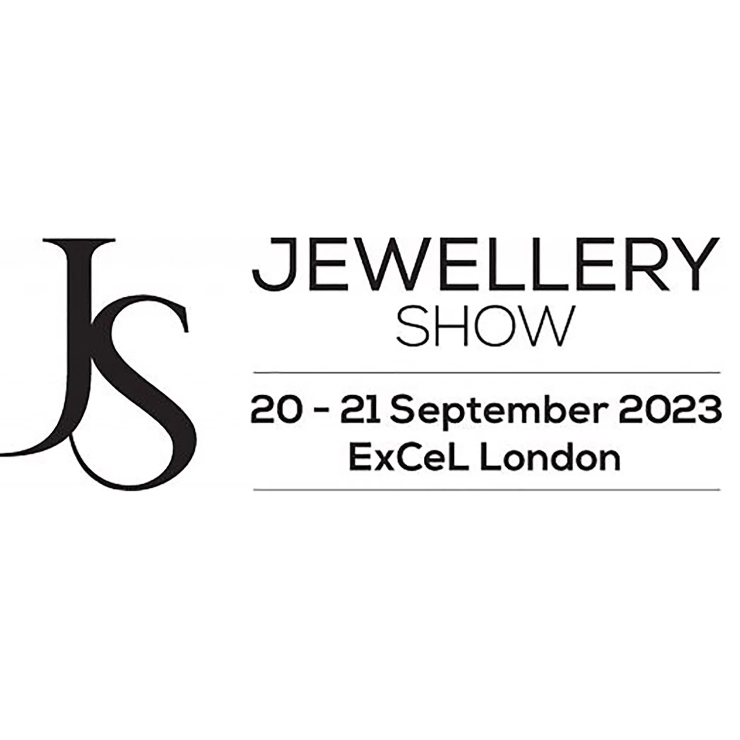 A white backdrop containing the Jewellery Show's simple black serif logo, above the dates and address of this year's show at the ExCel London