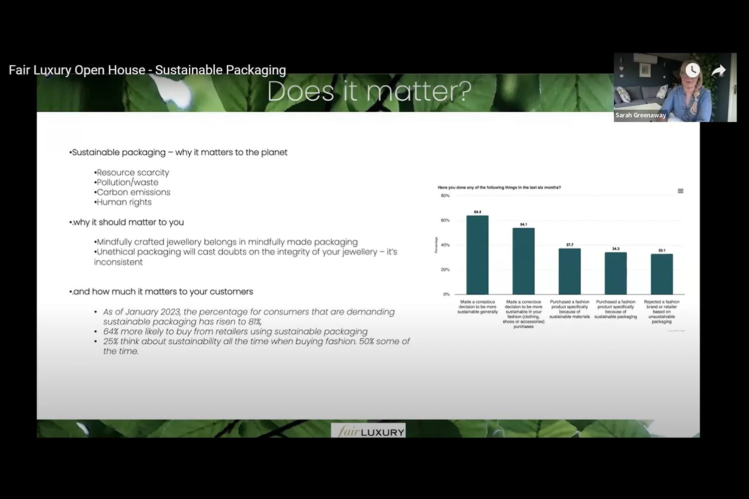A screenshot of sustainable packaging consultant Sarah Greenaway giving a presentation on Zoom, the details of which are detailed in the copy below