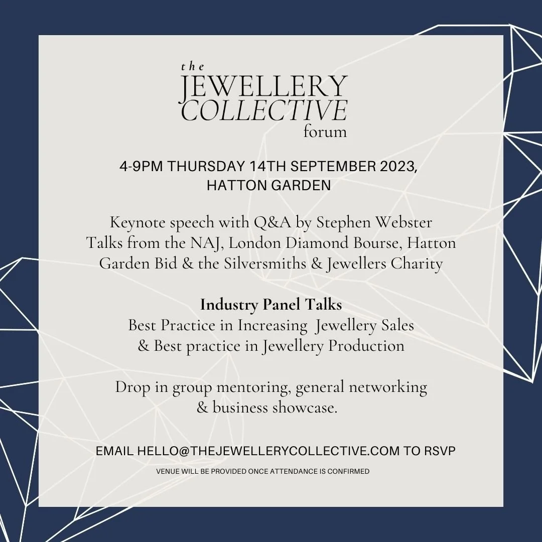 A graphic for The Jewellery Collective Forum, wherein a black serif font offers the details of the event