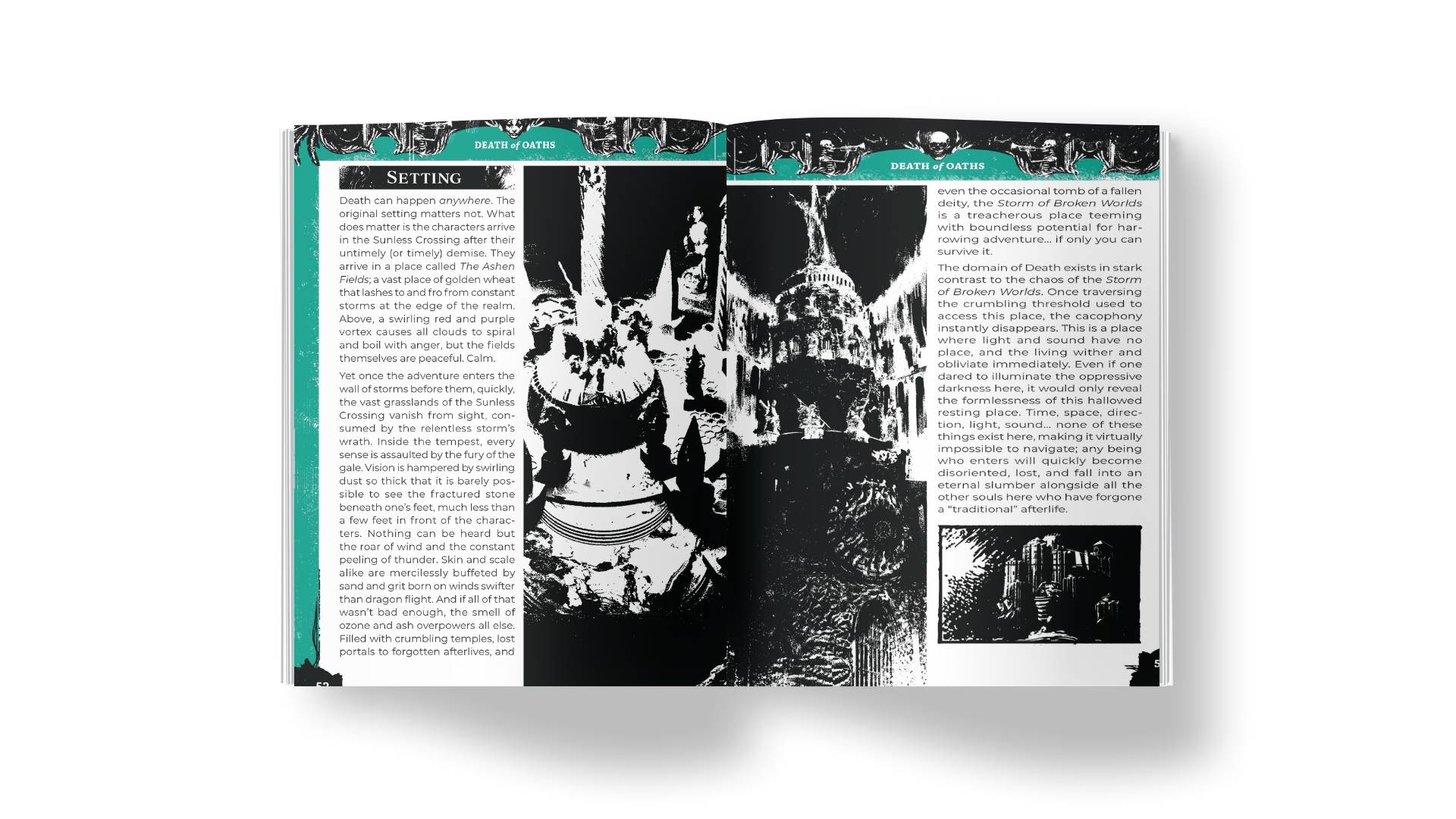 ShadowDark Black Ballad: Second Chances. Open book with text and black-and-white images about the 'Death of Oaths.' Two pages visible, with a large black-and-white photo of a building on the right page and smaller images at the bottom of both pages.