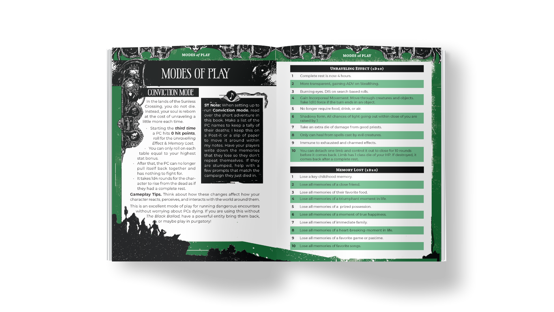ShadowDark Black Ballad: Second Chances Spread. Open book displaying tips and information about game modes called 'Modes of Play', with sections on Conviction Mode and Memory Loss, featuring green and black highlighted text.