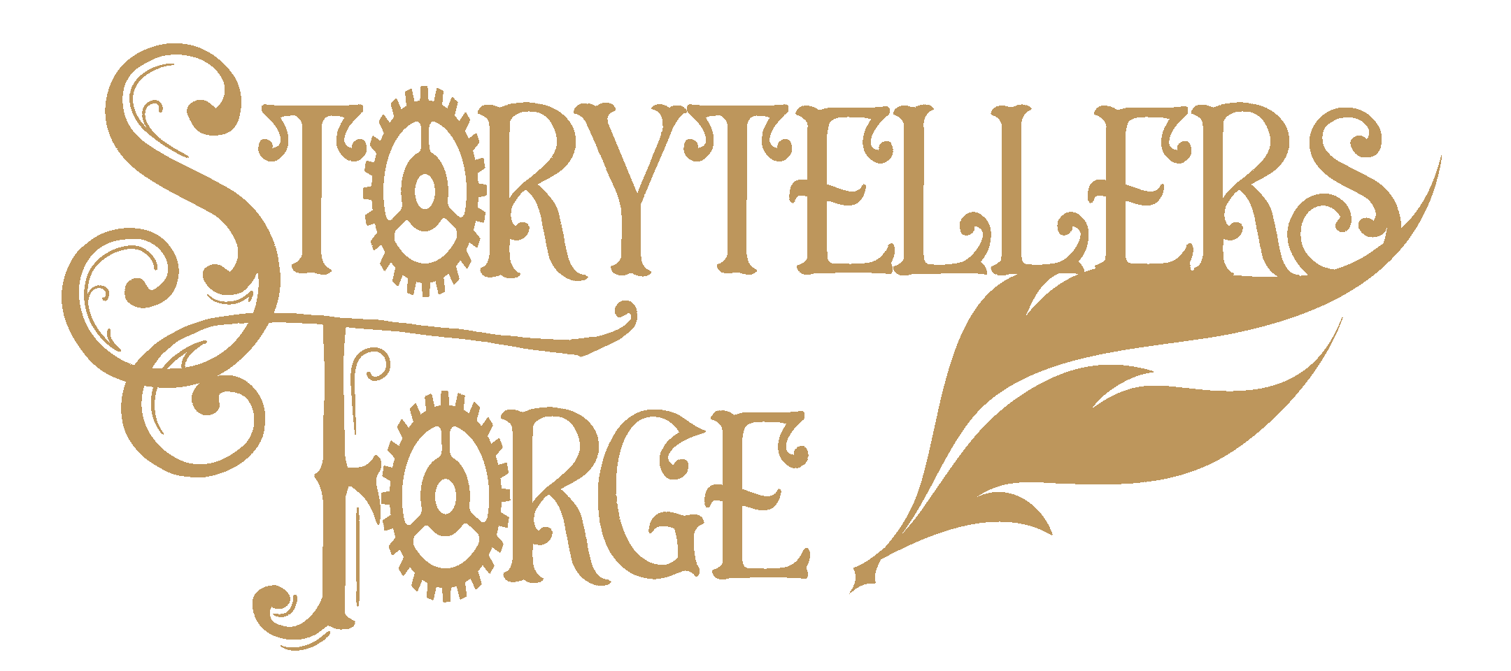 Stylized text logo "STORYTELLERS FORGE" with gears and a quill design.