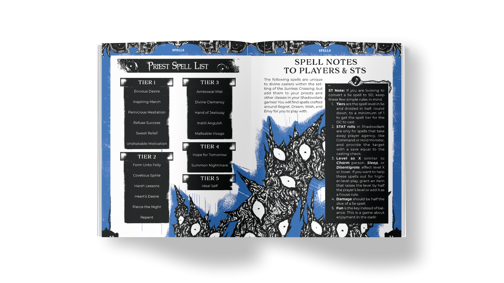 ShadowDark Black Ballad: Second Chances spread. Open book displaying a priest spell list and spell notes for players and STs, with black, white, and blue illustrations of a monstrous face and claws.