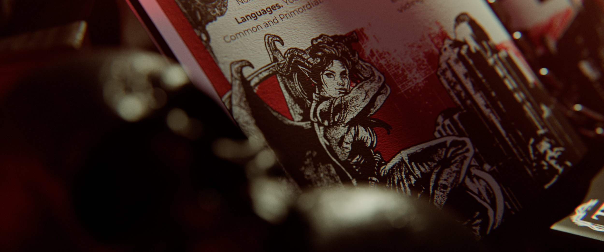 ShadowDark Black Ballad: Second Chances Spread. Close-up of a red product label featuring an illustration of a woman with long hair, sitting with her arm resting on her knee, with text about languages, common and primordial.