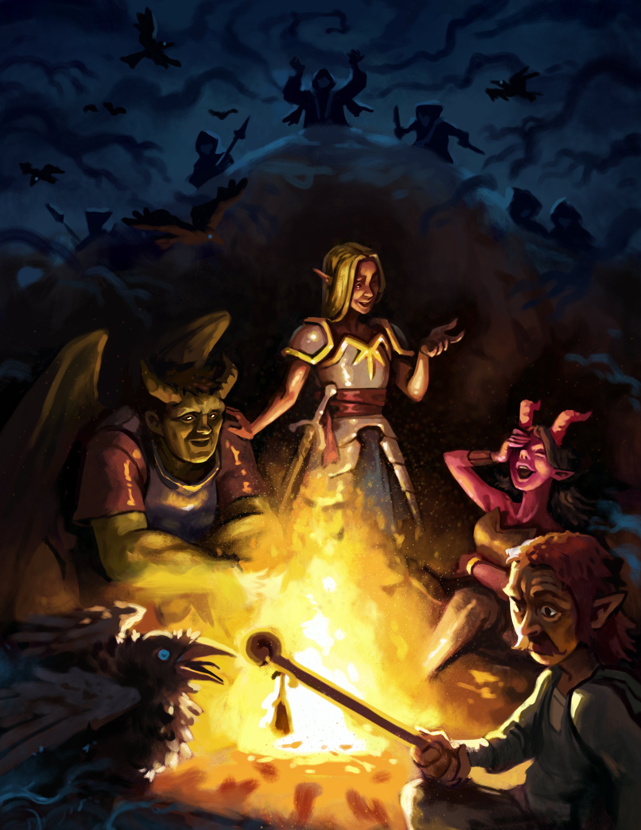 Fantasy campfire scene with diverse characters, including an elf, orc, and demon, surrounded by dark, mysterious robed figures and birds in the sky.