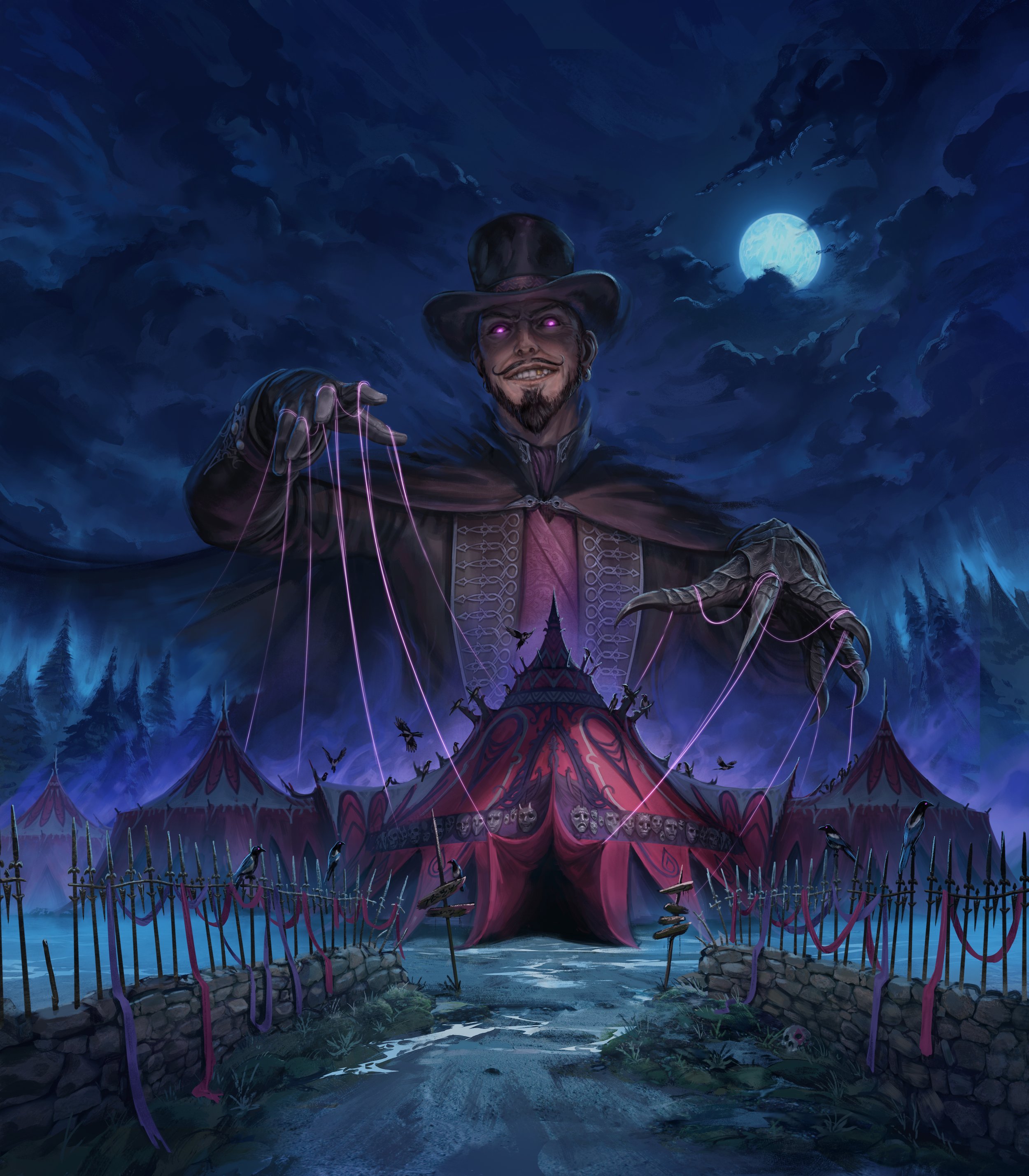 Illustration of a sinister puppet master with glowing purple eyes, manipulating strings above a red and black circus tent at night, under a full moon. The scene is eerie, with crows perched on stakes and a misty forest surrounding the tent.