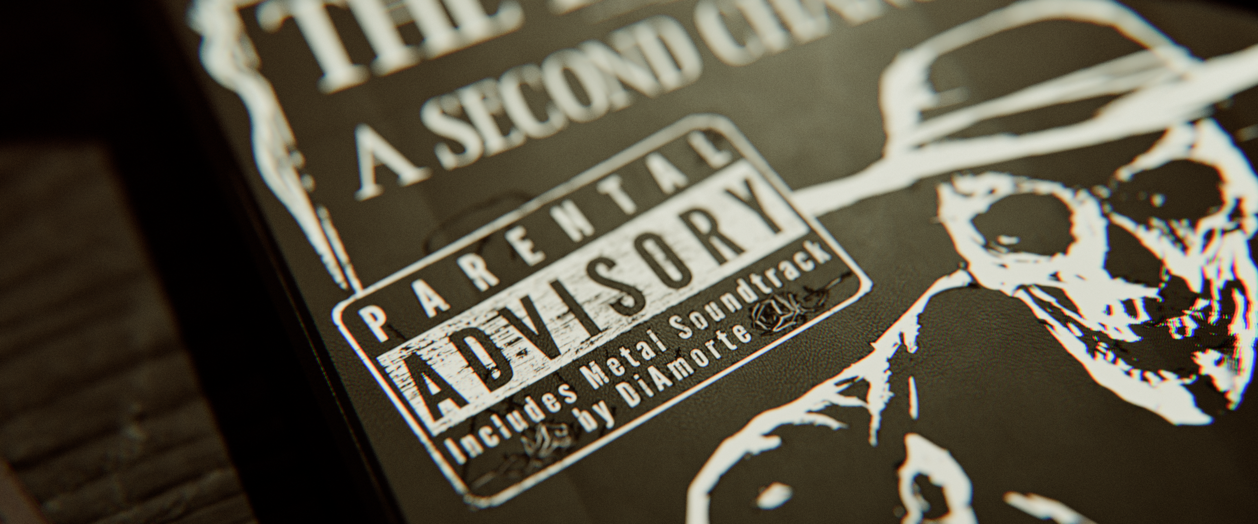 ShadowDark Black Ballad: Second Chances. Close-up of a sticker on a black background, featuring skull and crossbones imagery, with text indicating adjacency to a second chance package, and technical details about the music genre and soundtrack.