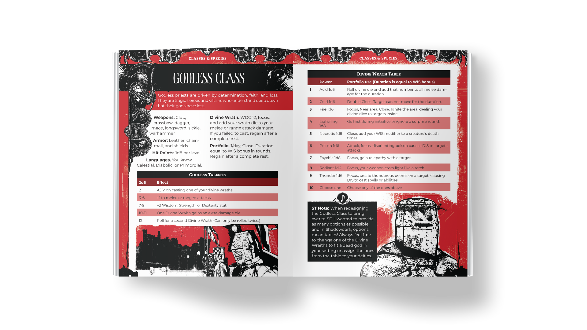 ShadowDark Second Chances Spread, titled 'Godless Class', with sections on weapons, armor, hit points, languages, divine wrath, talents, and a divine wrath table. The pages feature black, red, and white artwork.