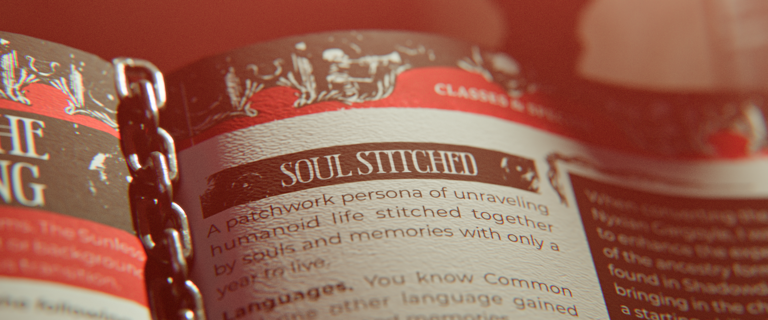 ShadowDark Black Ballad: Second Chances Spread. Close-up of a label on a red container with the text 'Soul Stitched' and a description about a pathway person of unraveling hobbies and memories, along with a chain on the left side.