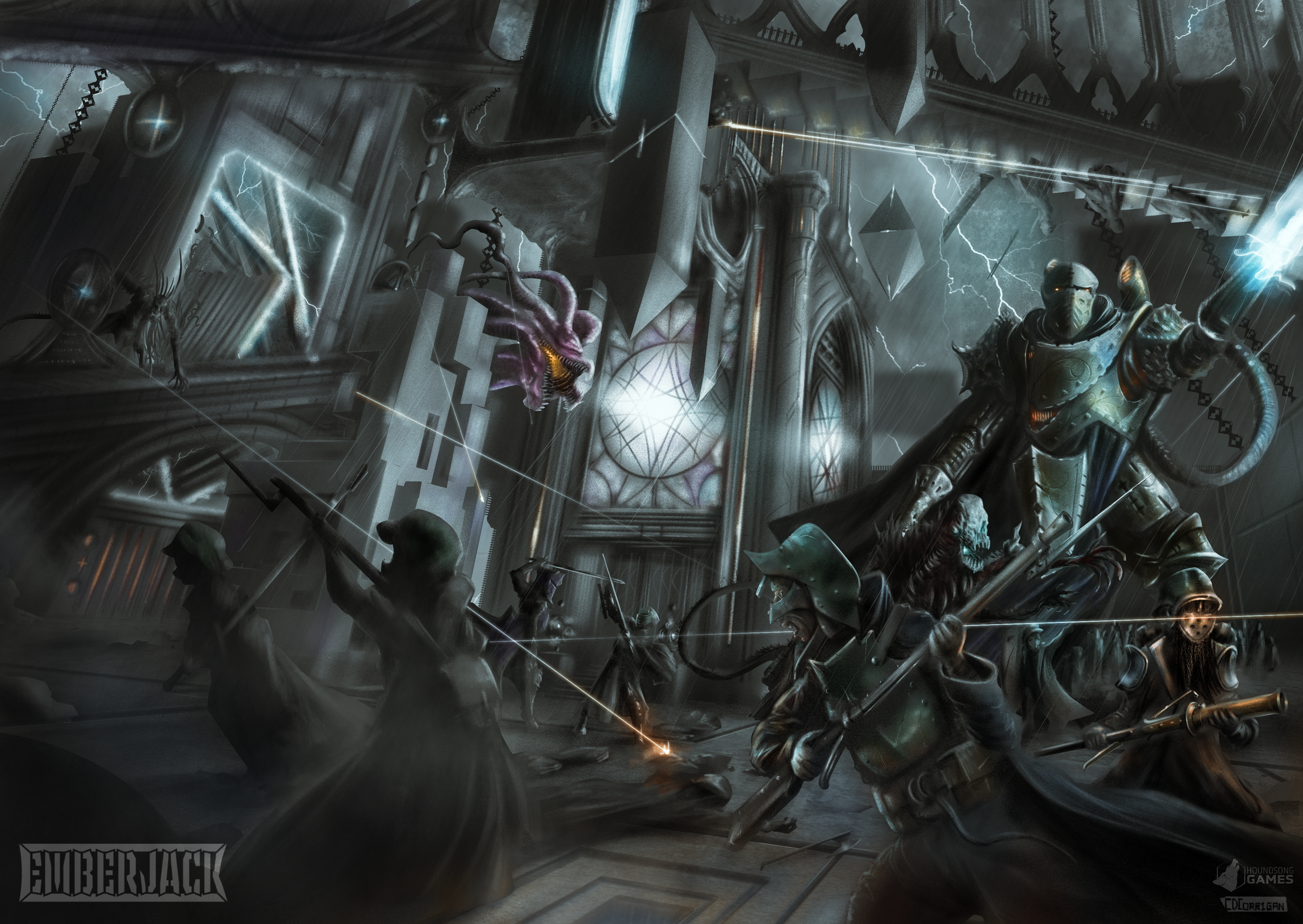 Mechs and soldiers fight demons on a battlefield of impossible architecture.