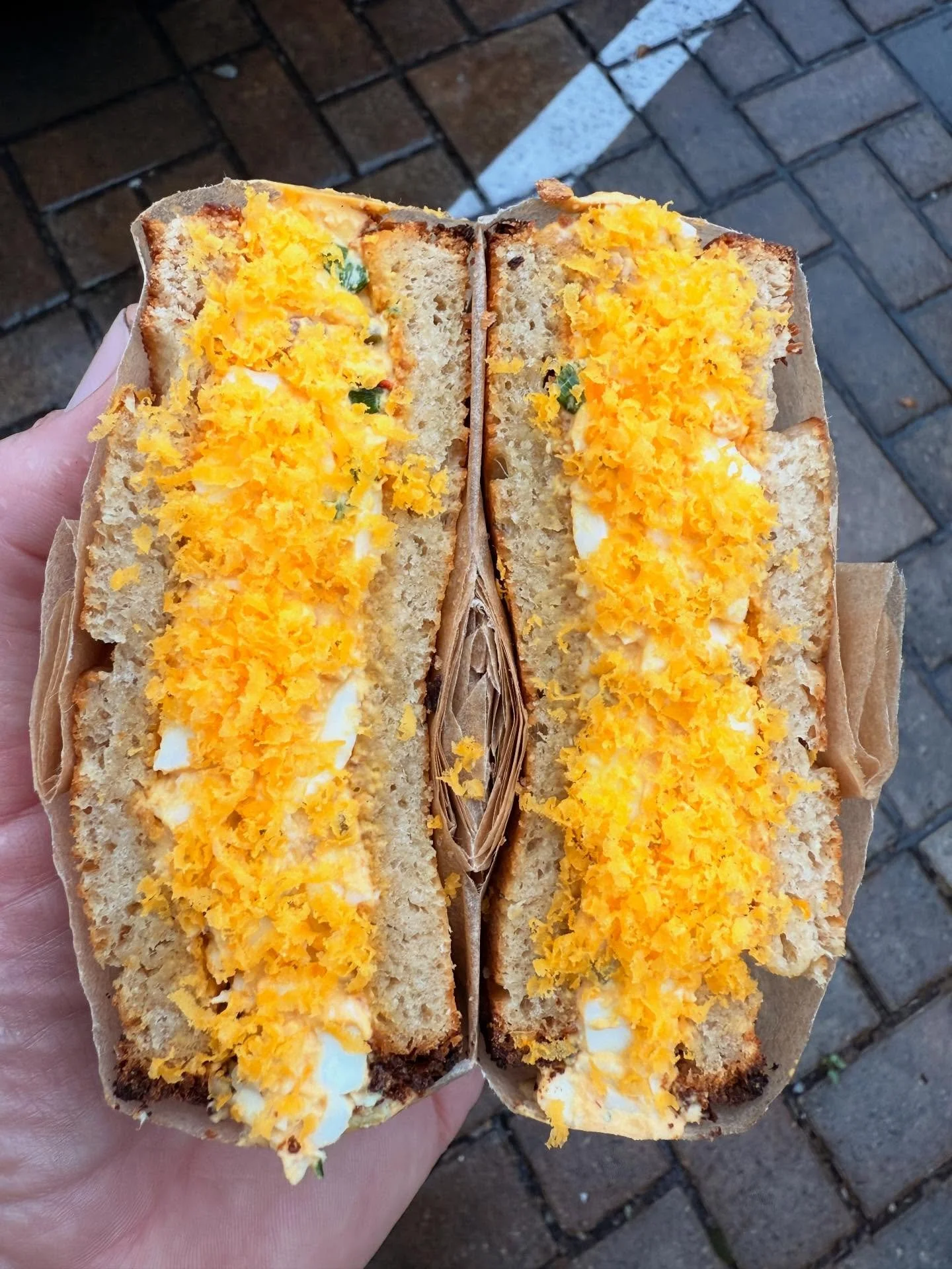 Egg Salad Sammies are on today.  We made some milk bread, so we figured why not.  Not your typical egg salad, but that&rsquo;s what makes it good.  Here till they are not.

Egg Salad - pickled jalapeno, purple scallion, anchovy, salted duck egg yolk,