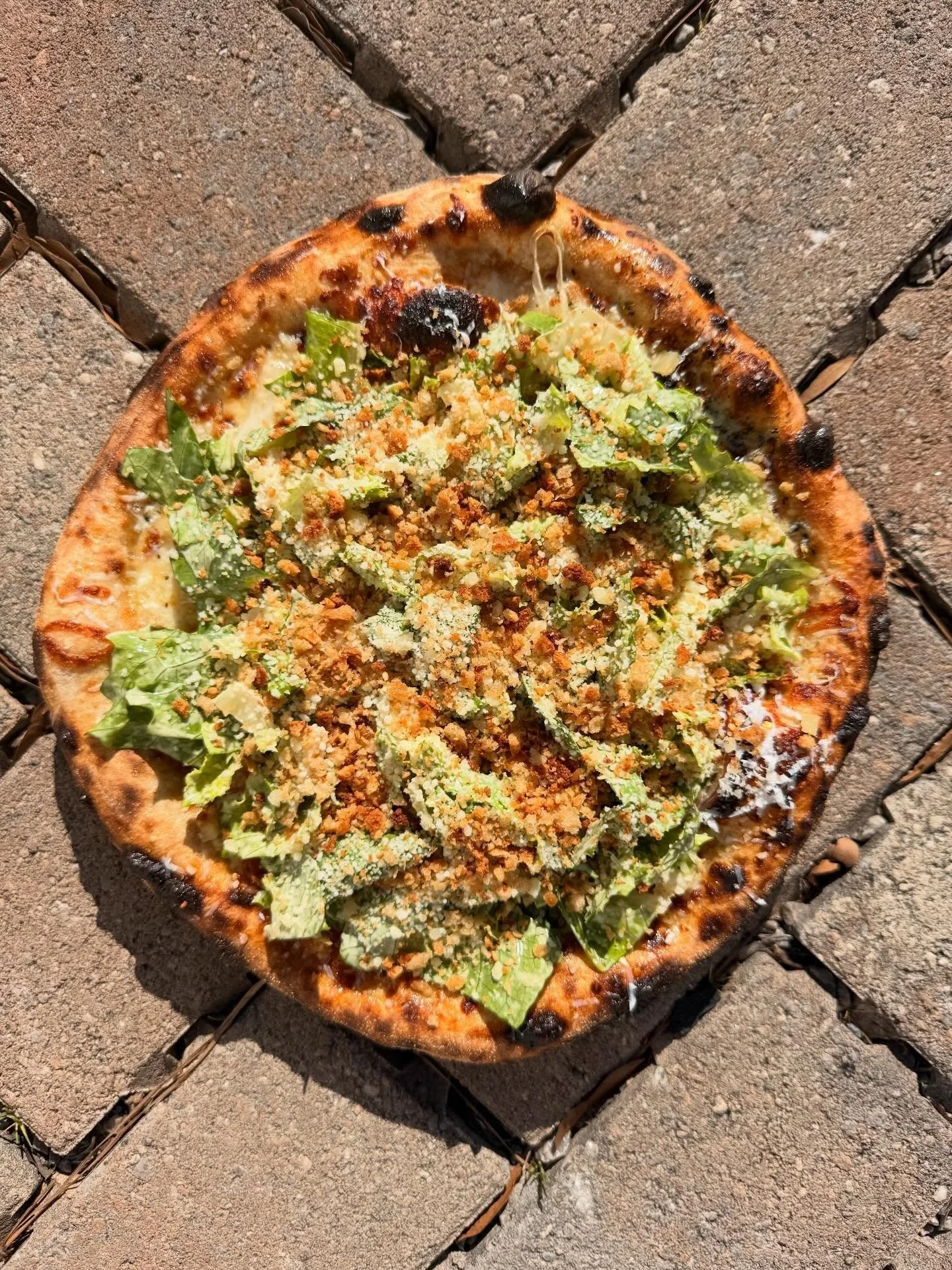 A nice salad pizza for this beautifully warm and sunny day.  After all, it is almost beach season, so that means you should eat more salad (pizzas).

Caesar Salad Pizza - garlic cream, red onion, mozz blend, anchovy, romaine, bread crumbs