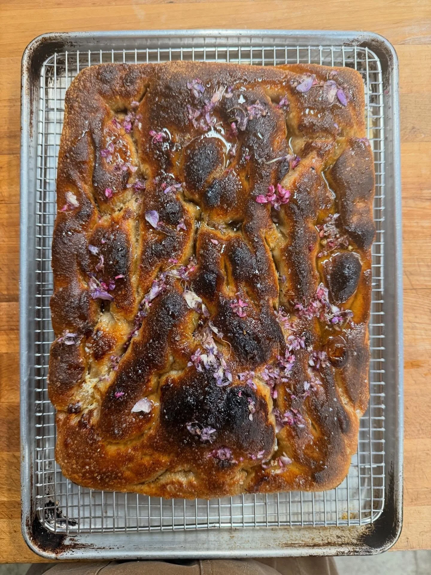 Butter Focaccia with flowery red beard honey.  Today and tomorrow morning till it&rsquo;s gone.