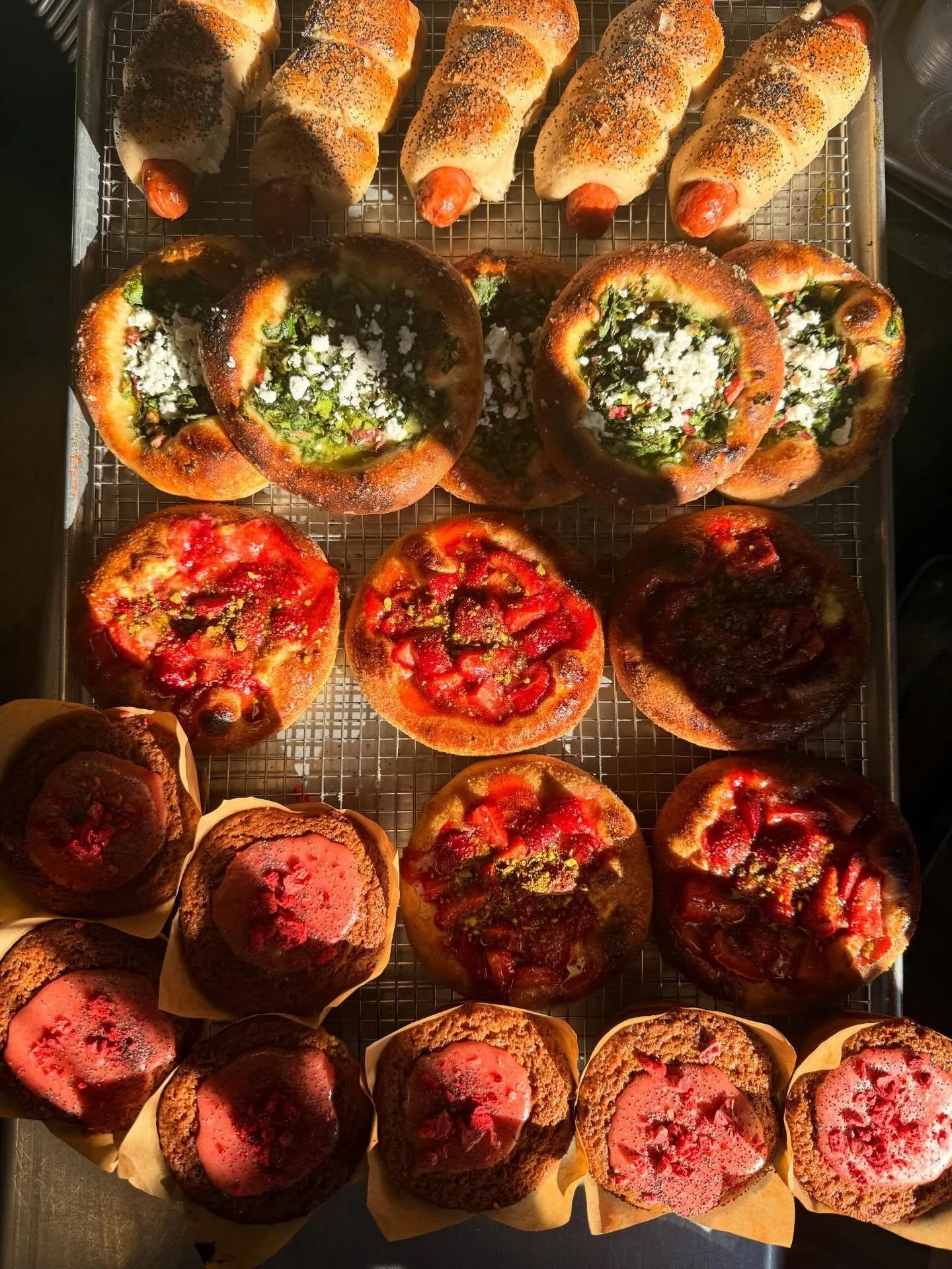 Just something about they way the morning sun hits some freshly baked goods.  Get them before they are gone and yes, bagel dogs are back.