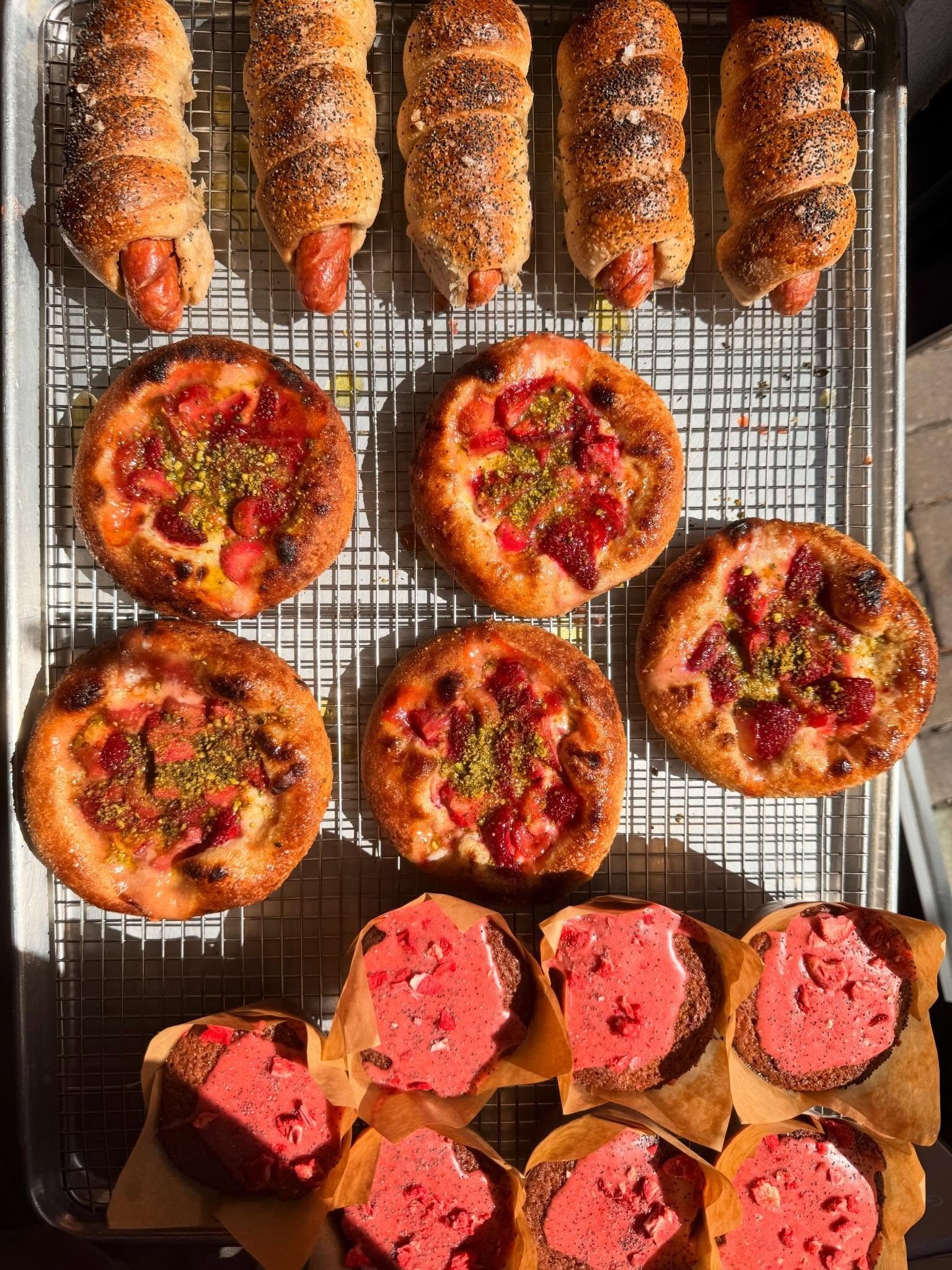Come grab some wood fired baked goods and bagels.  We still got em, so if you slept in, now&rsquo;s your chance.

Bagel Dog
Strawberry Rhubarb Bialy
Strawberry Yuzu Poppyseed Muffin