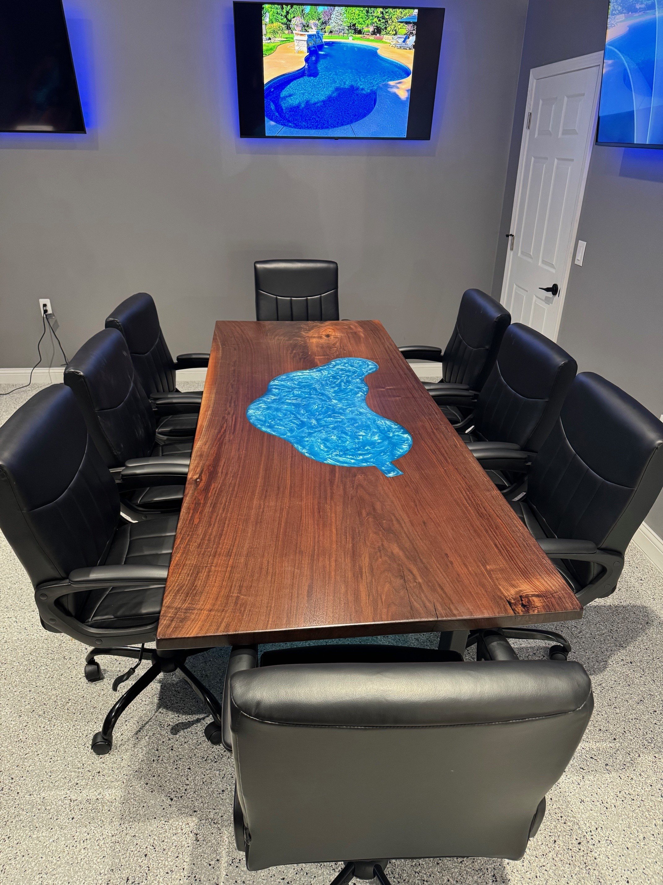 "Pool" Design CNC'd into a Live Edge Black Walnut Conference Table