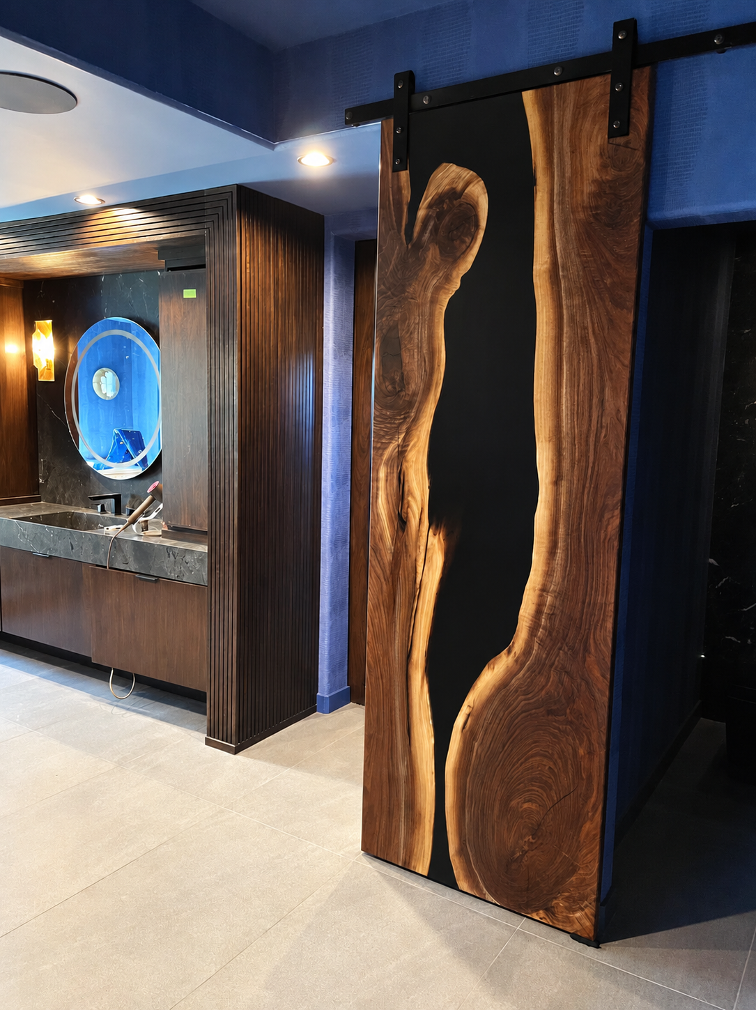 Elegant Black Walnut & Black Resin Sliding Bathroom Door