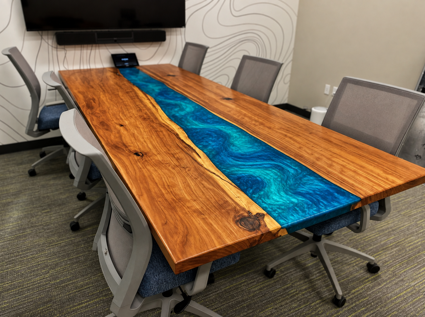 Redwood Live Edge Slabs & Caribbean Blue Swirly Metallic Resin Conference Table