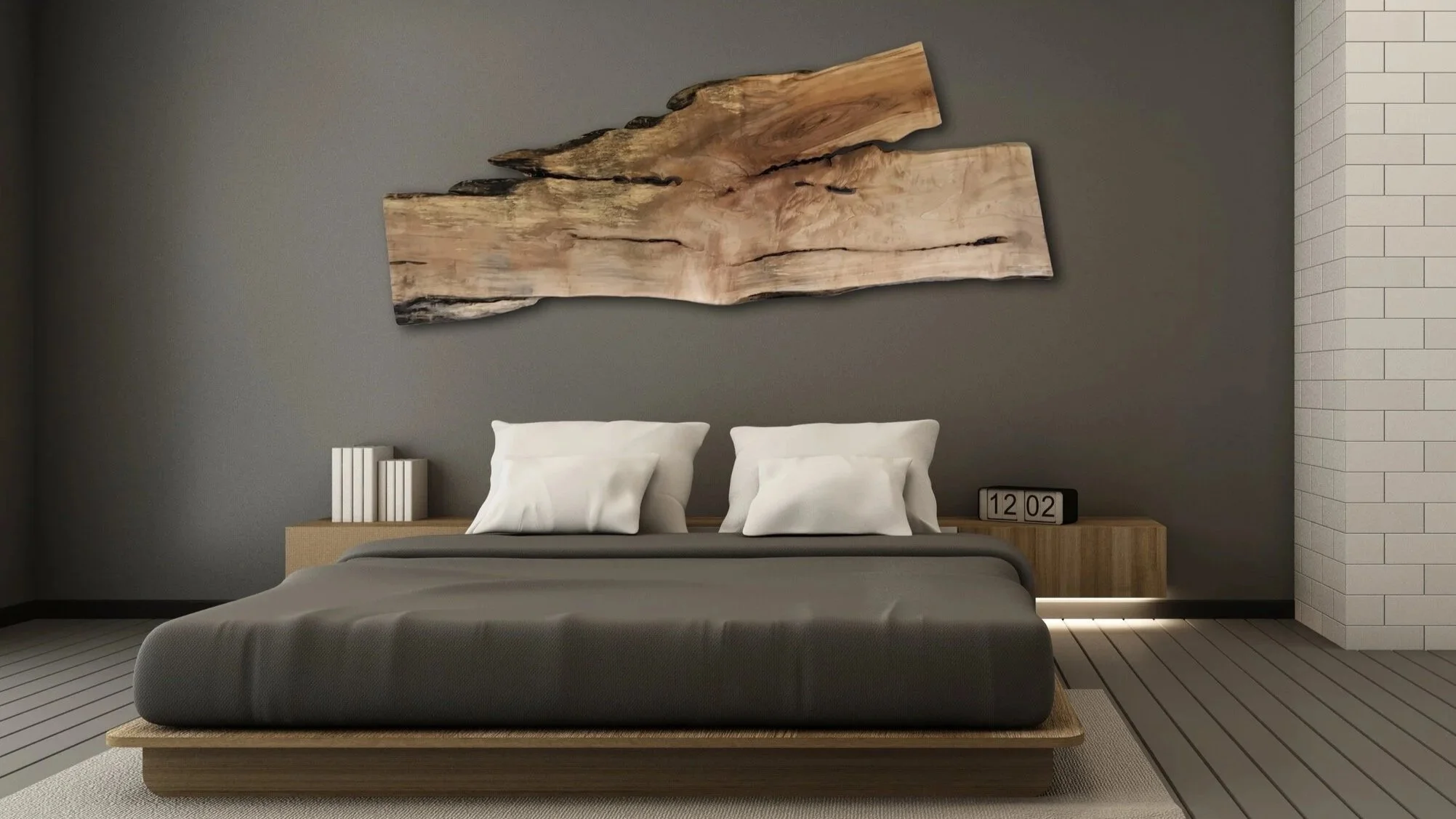 Live Edge Maple Headboard on a Dark Grey Wall