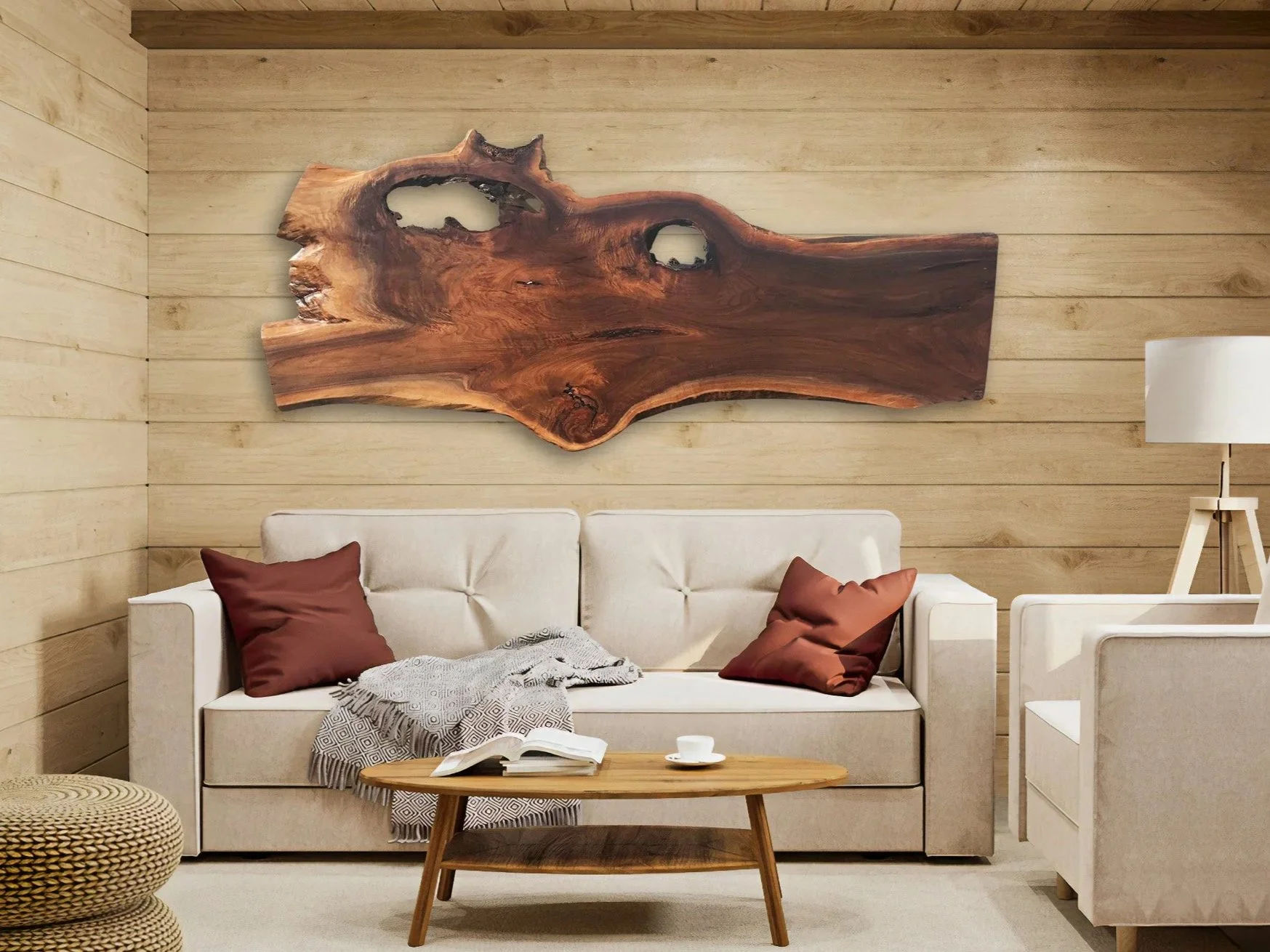 Black Walnut Wooden Wall Art on a Wood Paneled Wall