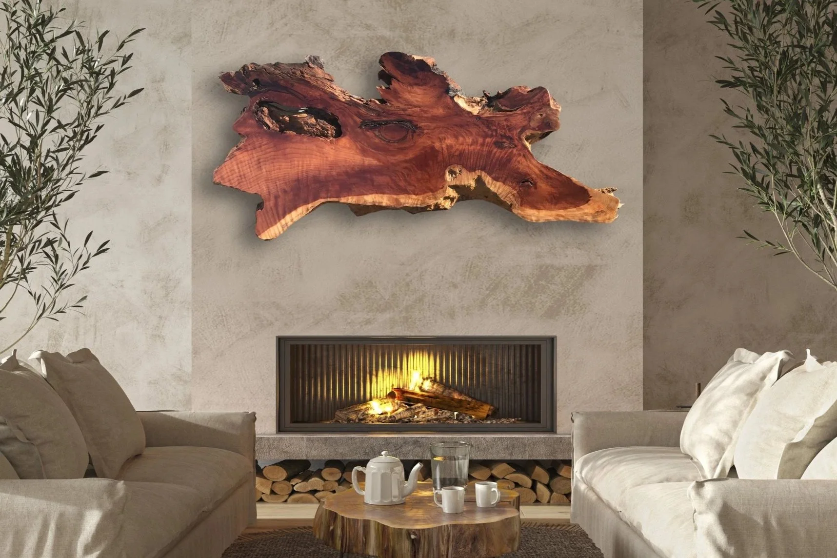Redwood Burl Live Edge Wall Art Above a Modern Fireplace