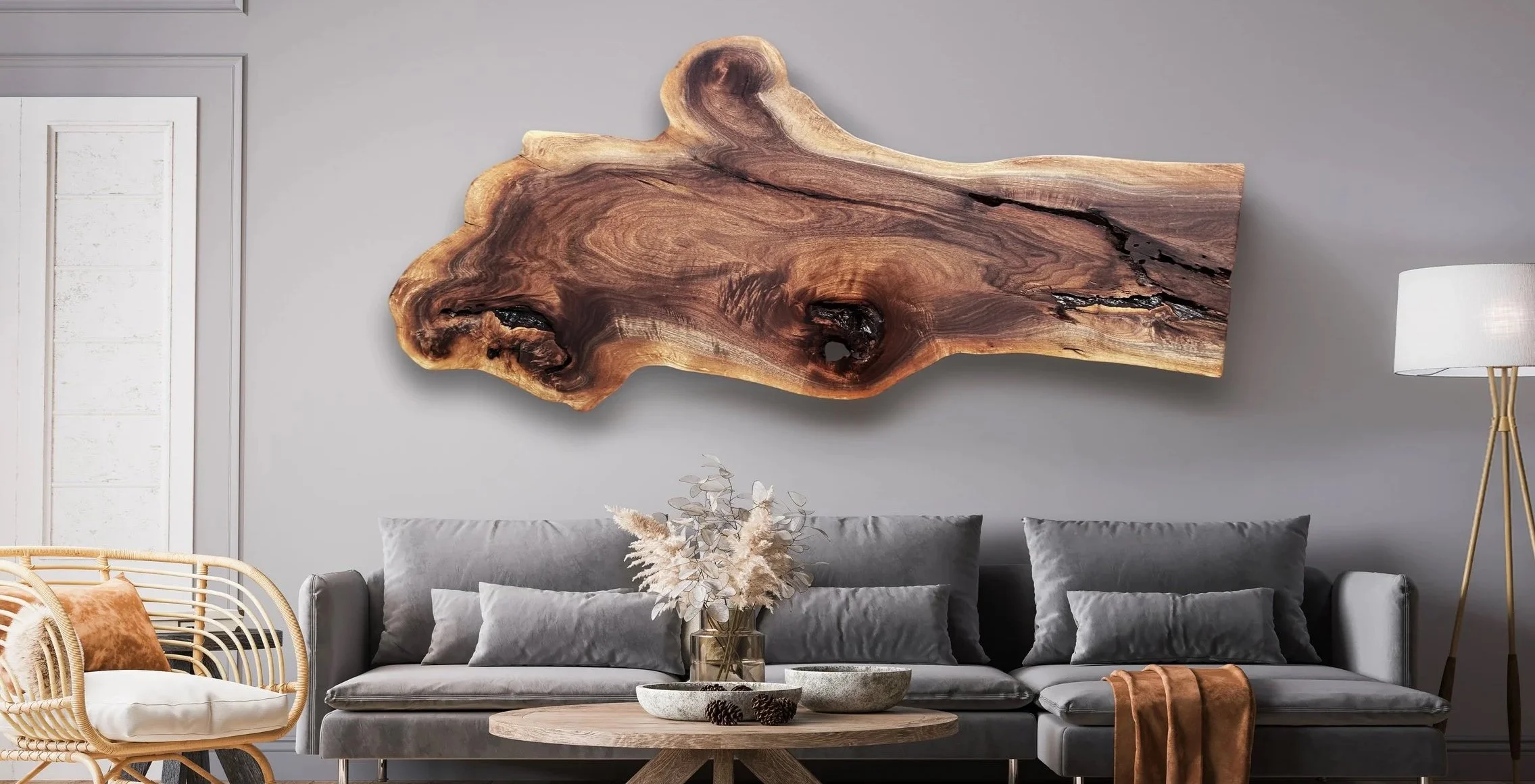 English Walnut Live Edge Hanging Wall Art Above a Modern Grey Couch