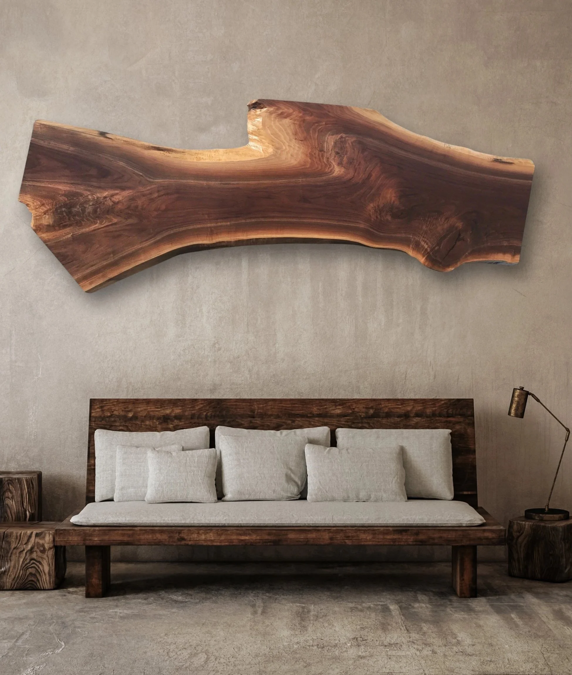 Mountain Modern Black Walnut Live Edge Wall Art Above a Rustic Couch