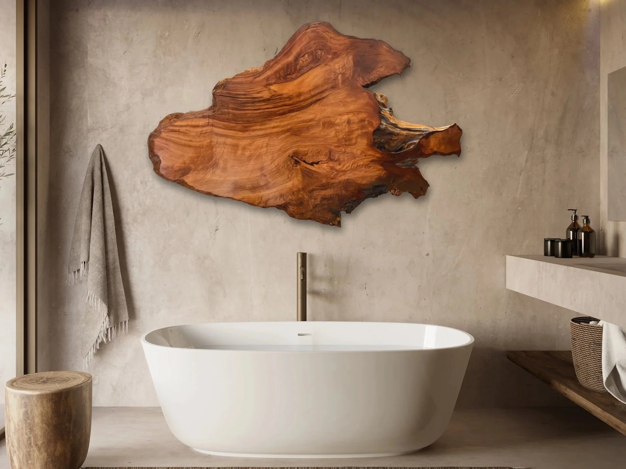 Live Edge Redwood Slab Above a Modern Free Standing Tub