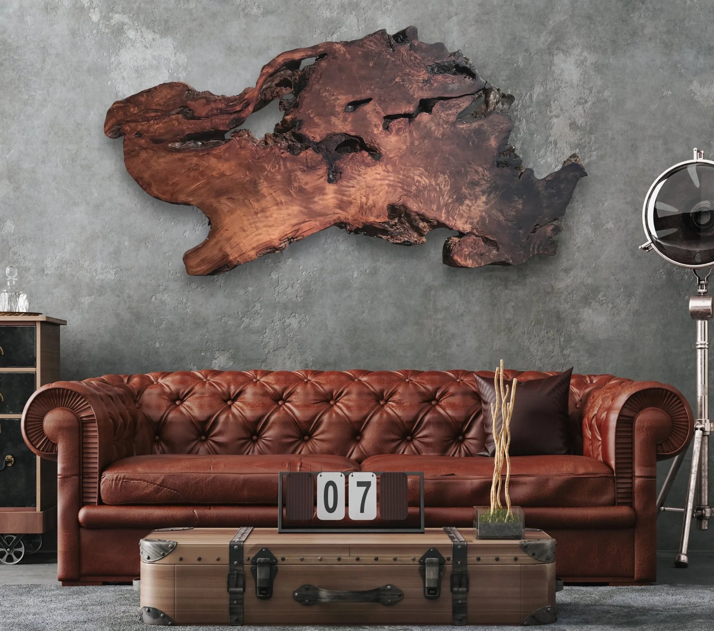 Organic Shaped Redwood Slab Above a Modern Mountain Leather Couch