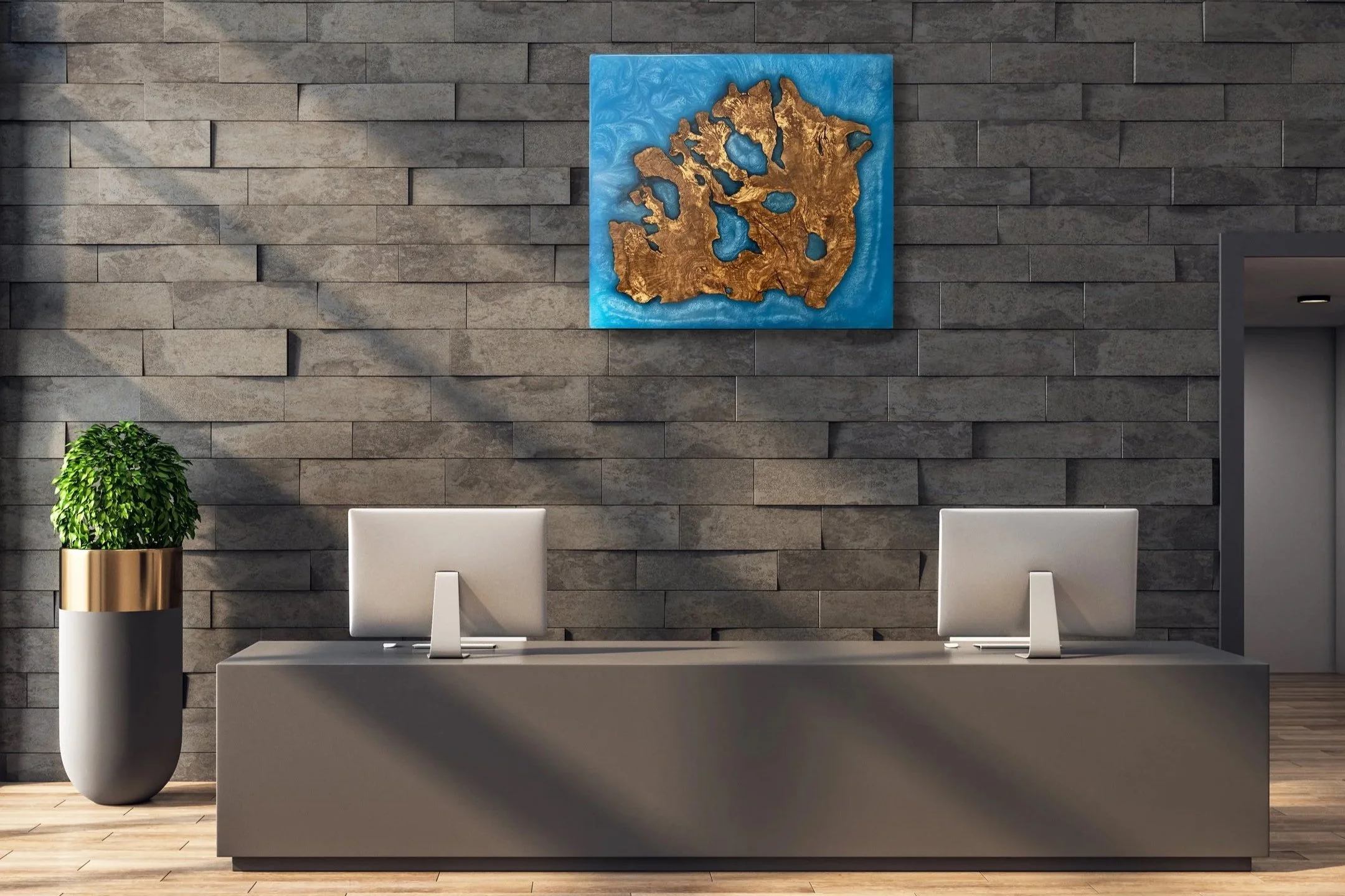 Olive Root and Open Blue Resin - Hanging Wall Art in a Modern Office