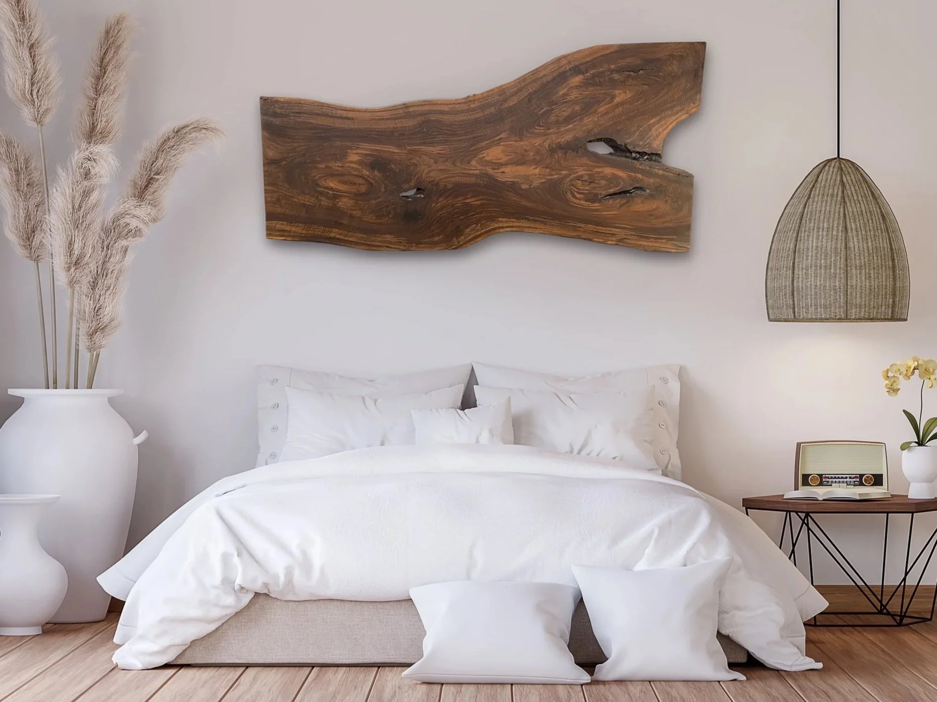 Live Edge Claro Walnut Headboard Above a Modern White Bed