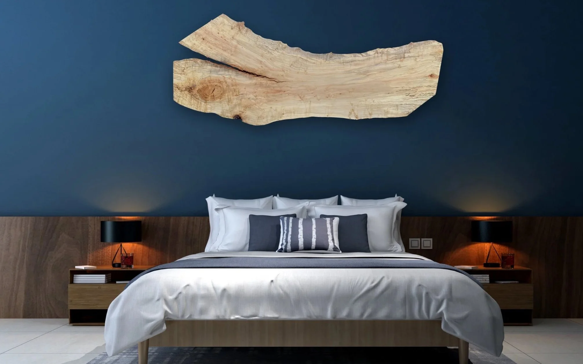 Curly Maple Headboard on a Navy Bedroom Wall