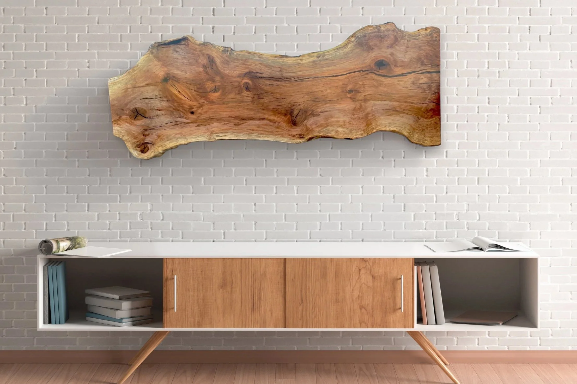 Live Edge Sycamore Wall Art in a Mid Century Modern Living Room