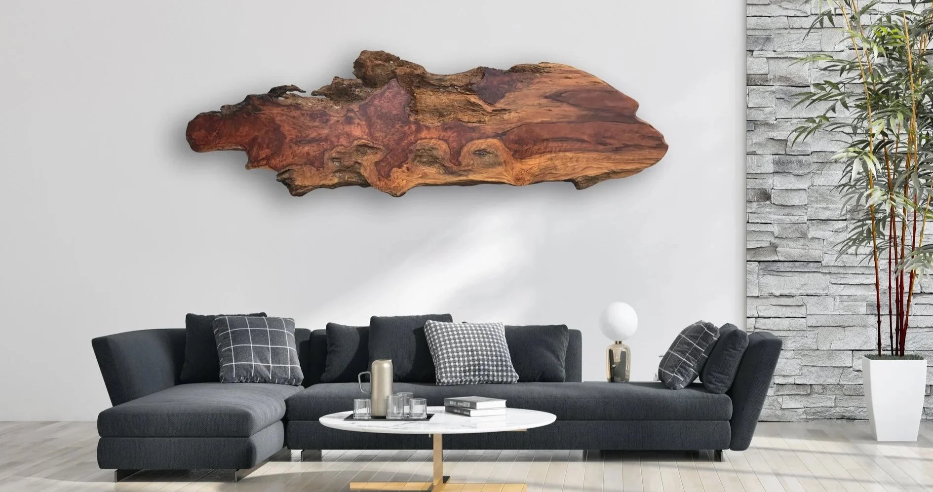 Live Edge Redwood Wall Art in Modern Living Decor
