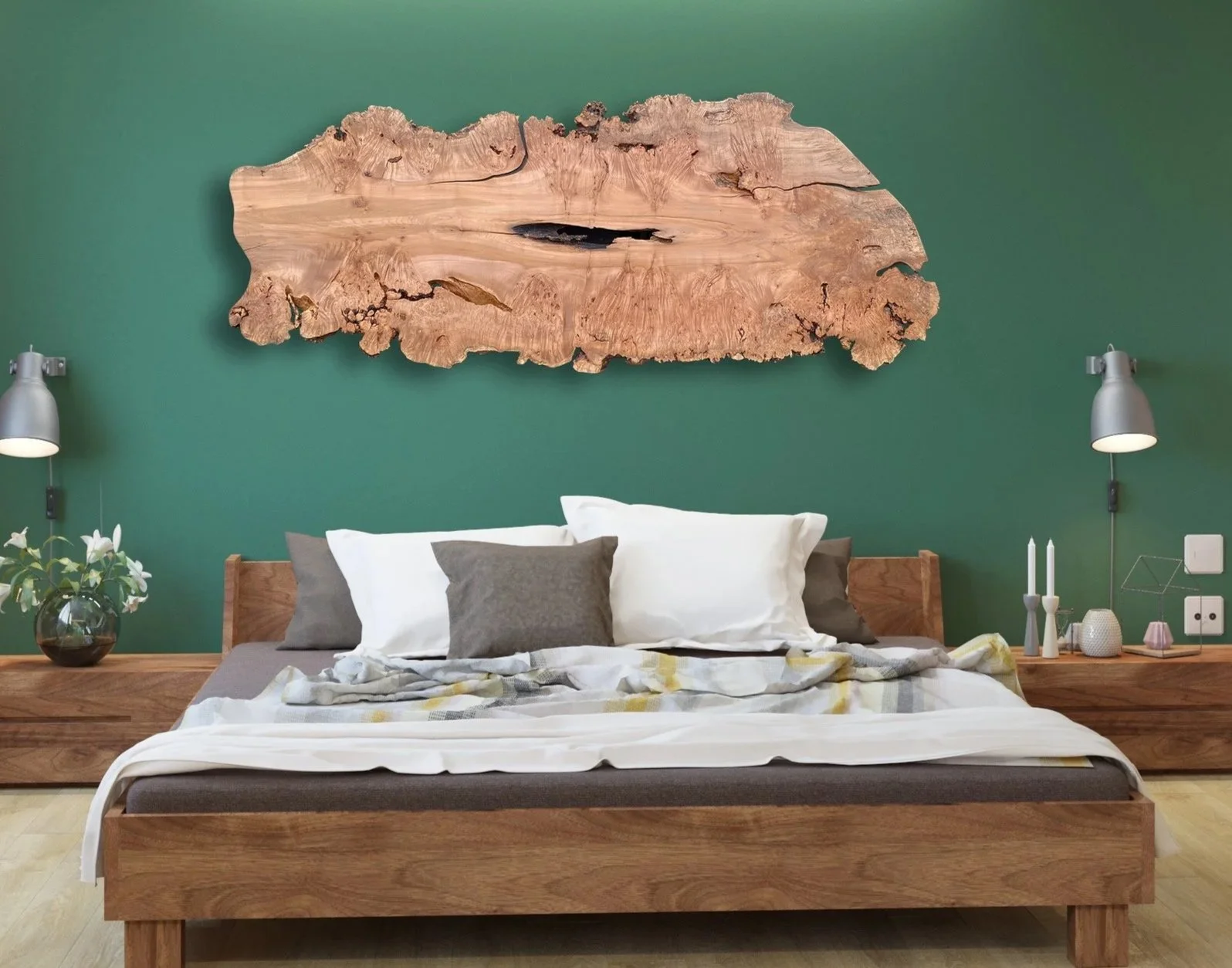 Big Leaf Maple Burl Headboard on a Green Wall