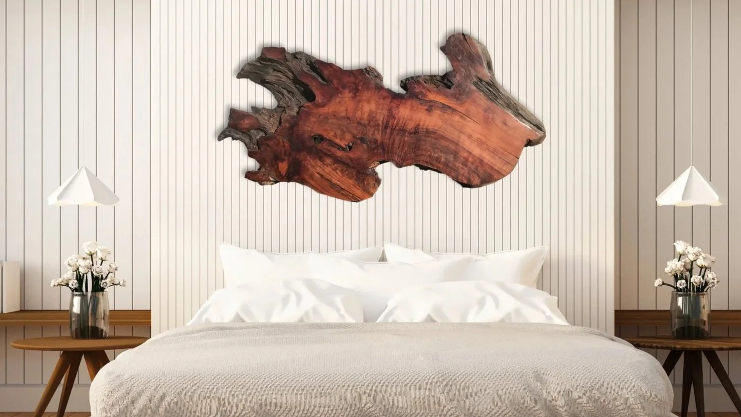 Redwood Headboard Above a Grey Modern Bed