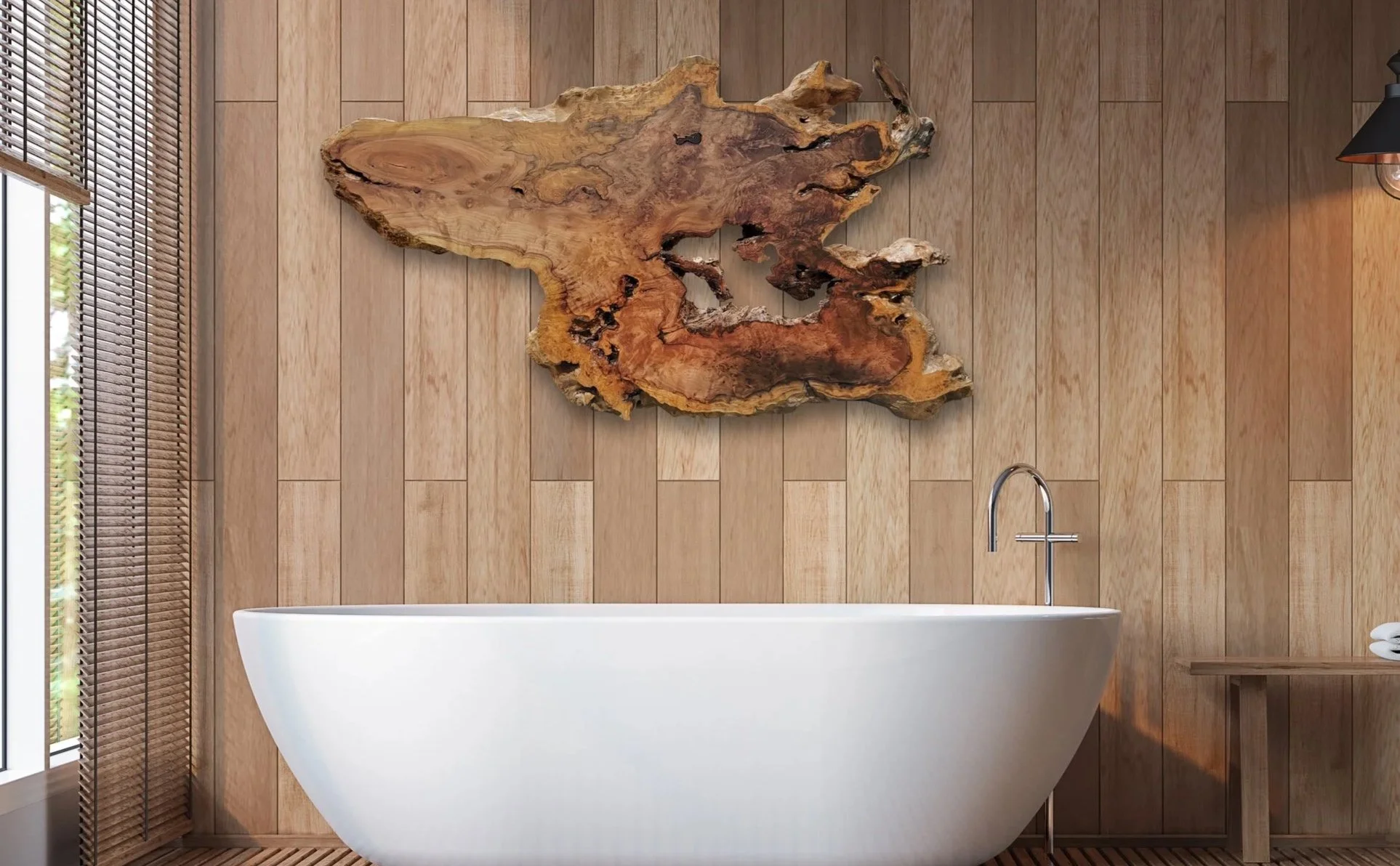 Live Edge Redwood Burl Slab Above a Modern Free Standing Bath Tub