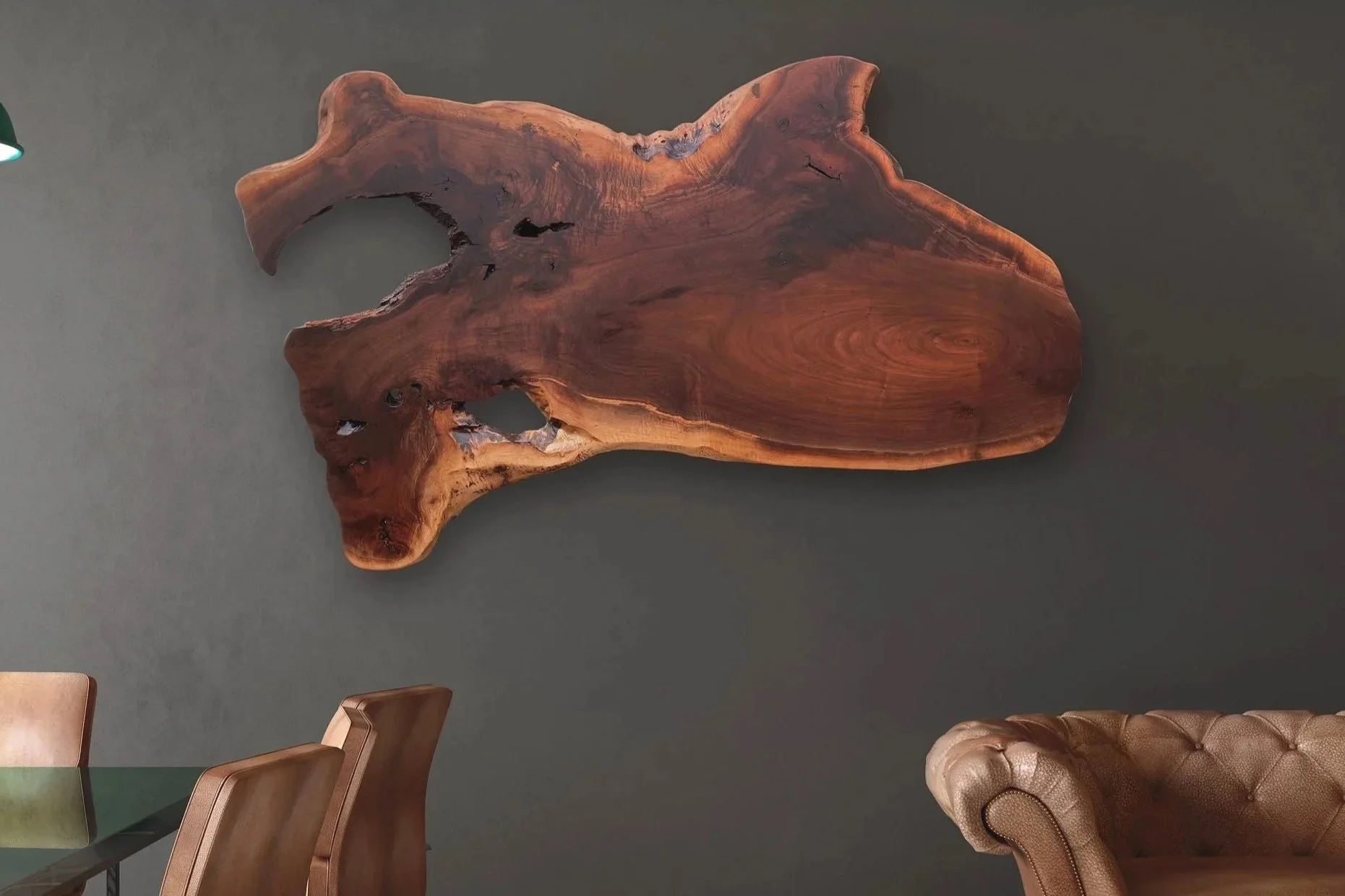 Black Walnut Hanging Wall Art in a Modern Great Room