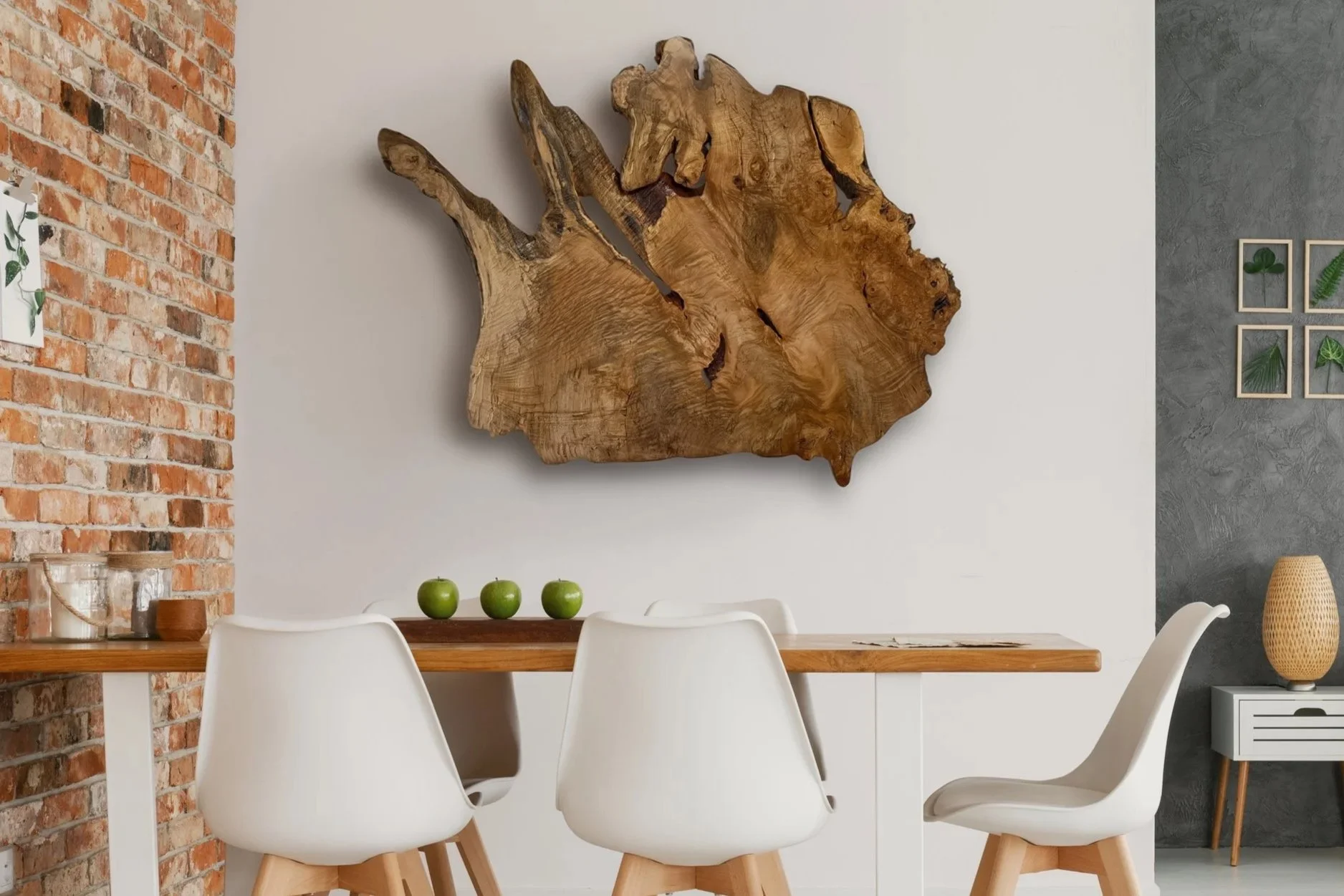 Live Edge Banyan Wood Slab on a Modern Dining Room Wall
