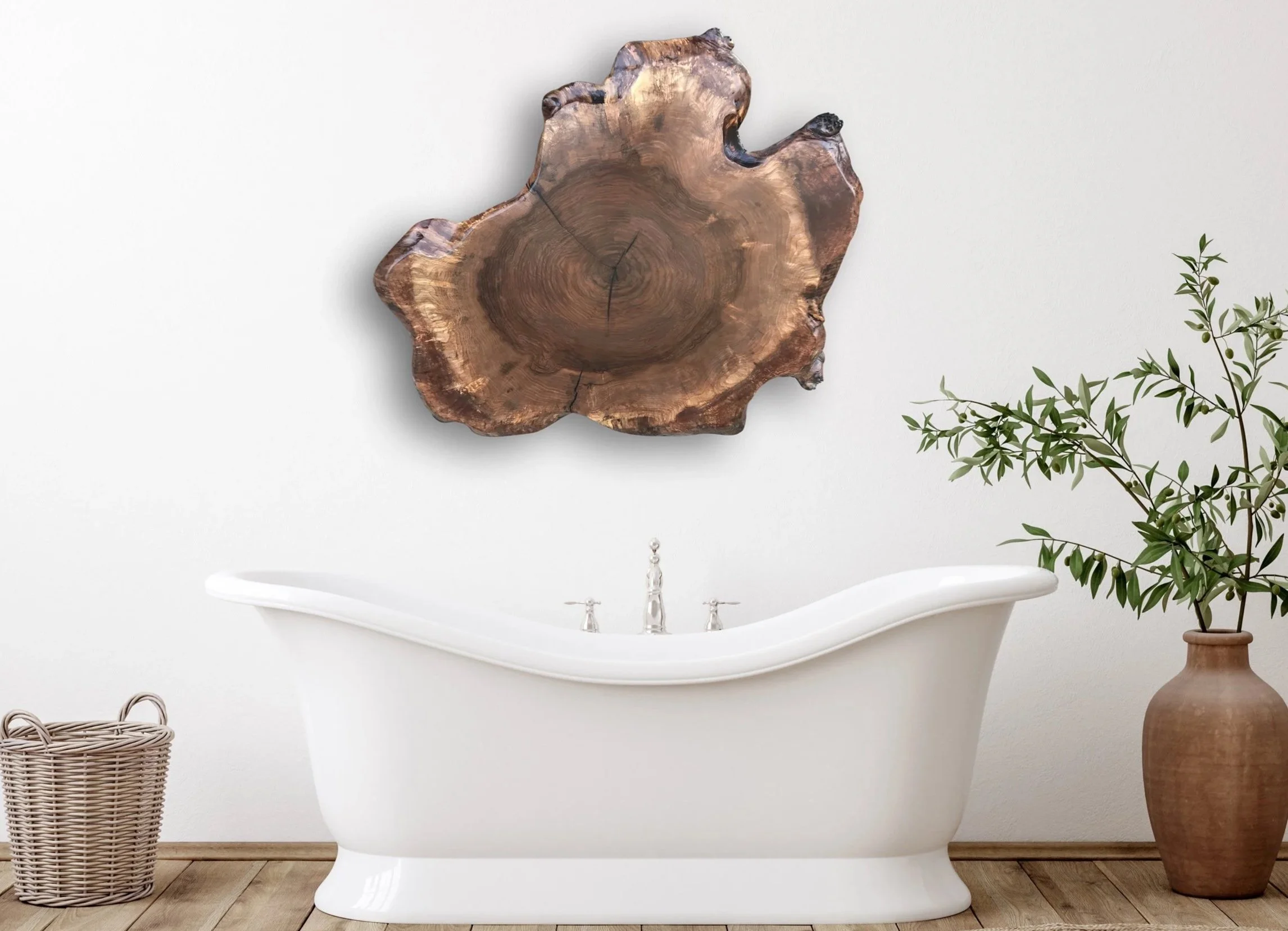 Claro Walnut Tree Slice Wall Decor in a Modern Bathroom