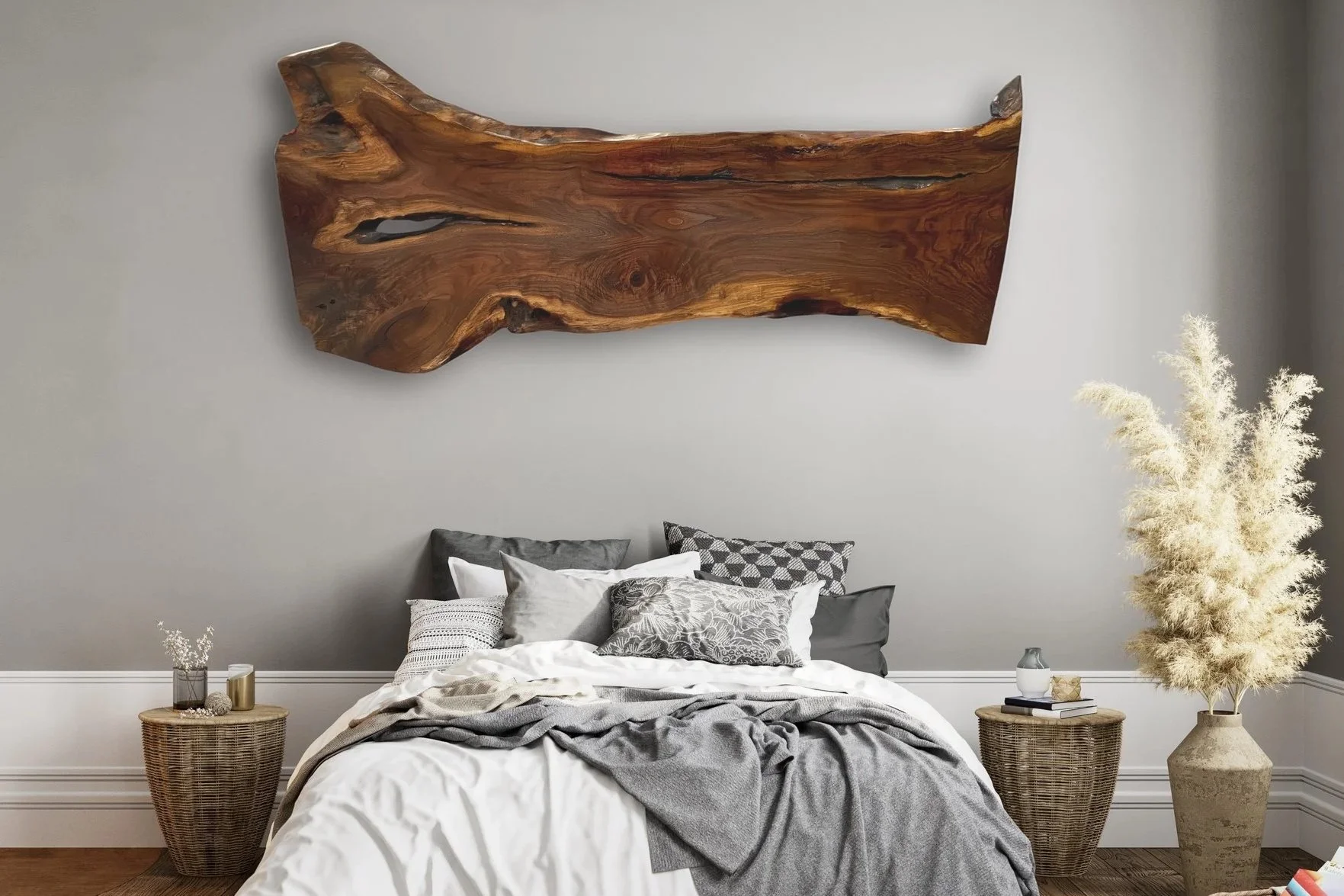 Black Walnut Headboard on a Grey Wall
